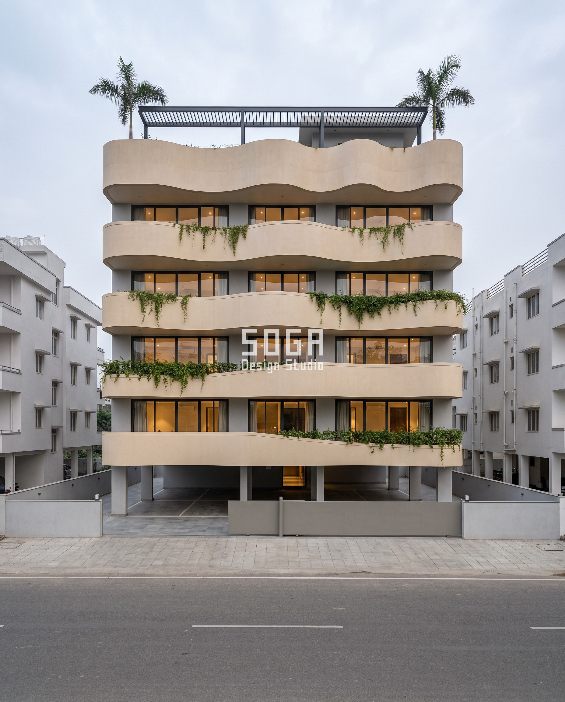 Facade Panel Wind Load India: Why Smaller Is Not Safer 2 Biscuit-cream ultra-high-performance concrete balcony bands on a G+5 Bareilly house, the front edge curve tightening floor by floor so facade panel wind load is spread across every outrigger.
