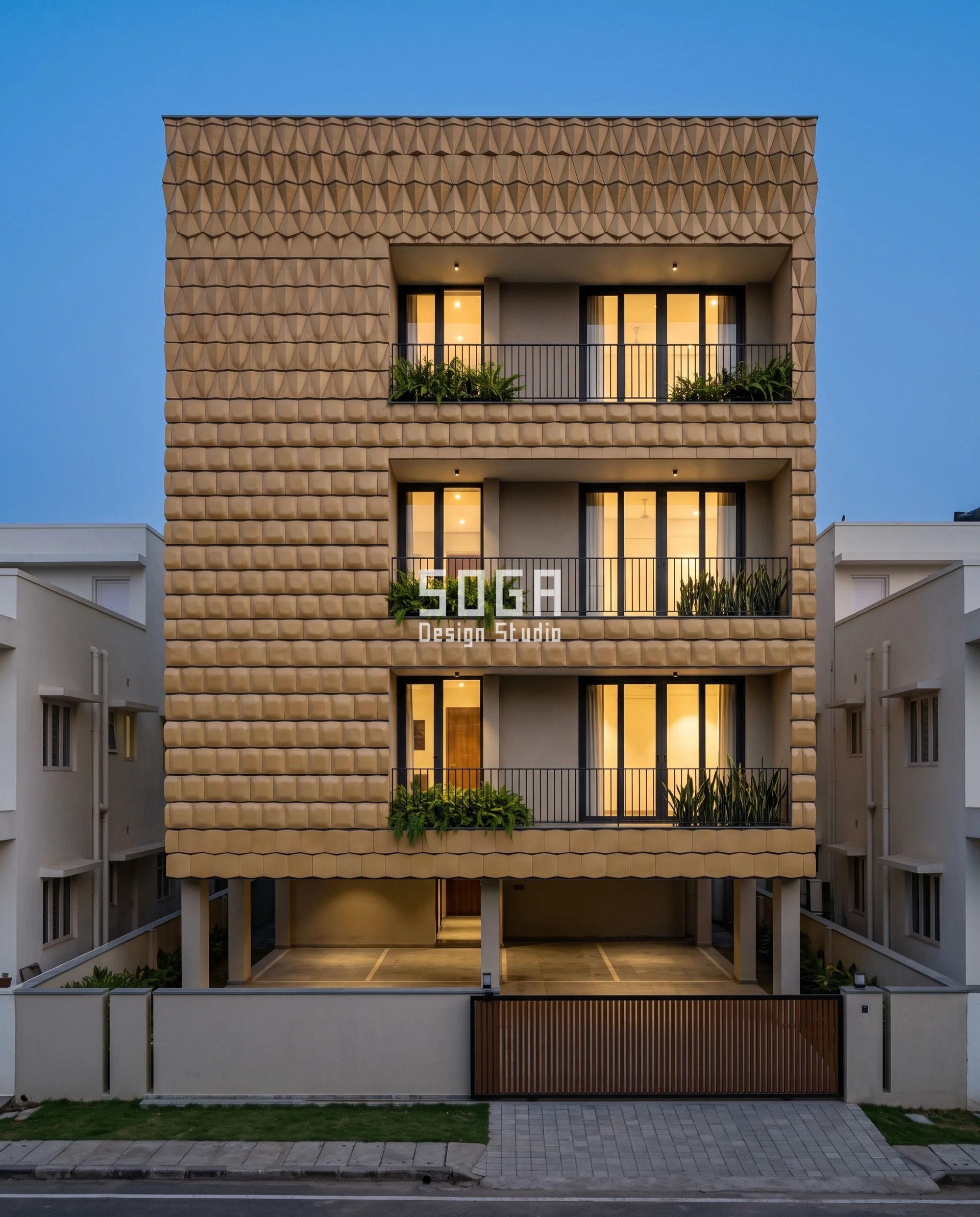 Facade Panel Wind Load India: Why Smaller Is Not Safer 3 Wheat-gold glazed ceramic hexagonal shingles on a G+3 Jamshedpur house, soft pillow crowns below hardening into sharp faceted cones on the upper floors where facade panel wind load is worst.