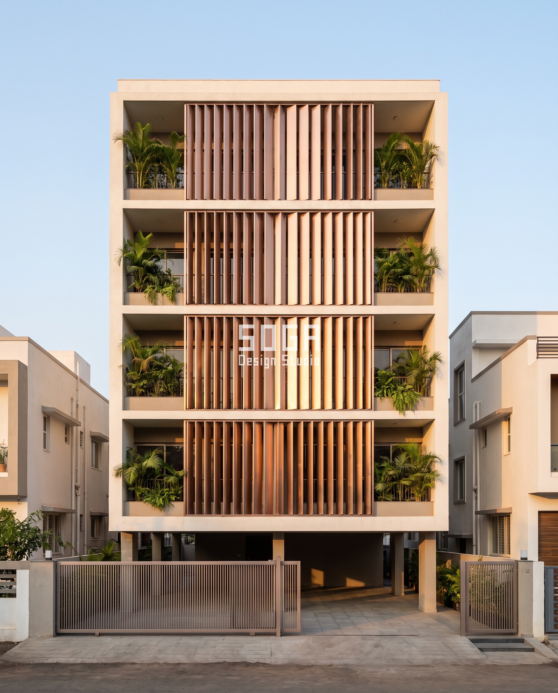 Facade Panel Wind Load India: Why Smaller Is Not Safer 5 Rose-gold PVD stainless steel fins on a G+4 Solapur house, identical blades rotating from flat-on at the bay centre to edge-on at the ends to bleed facade panel wind load through the opened gaps.