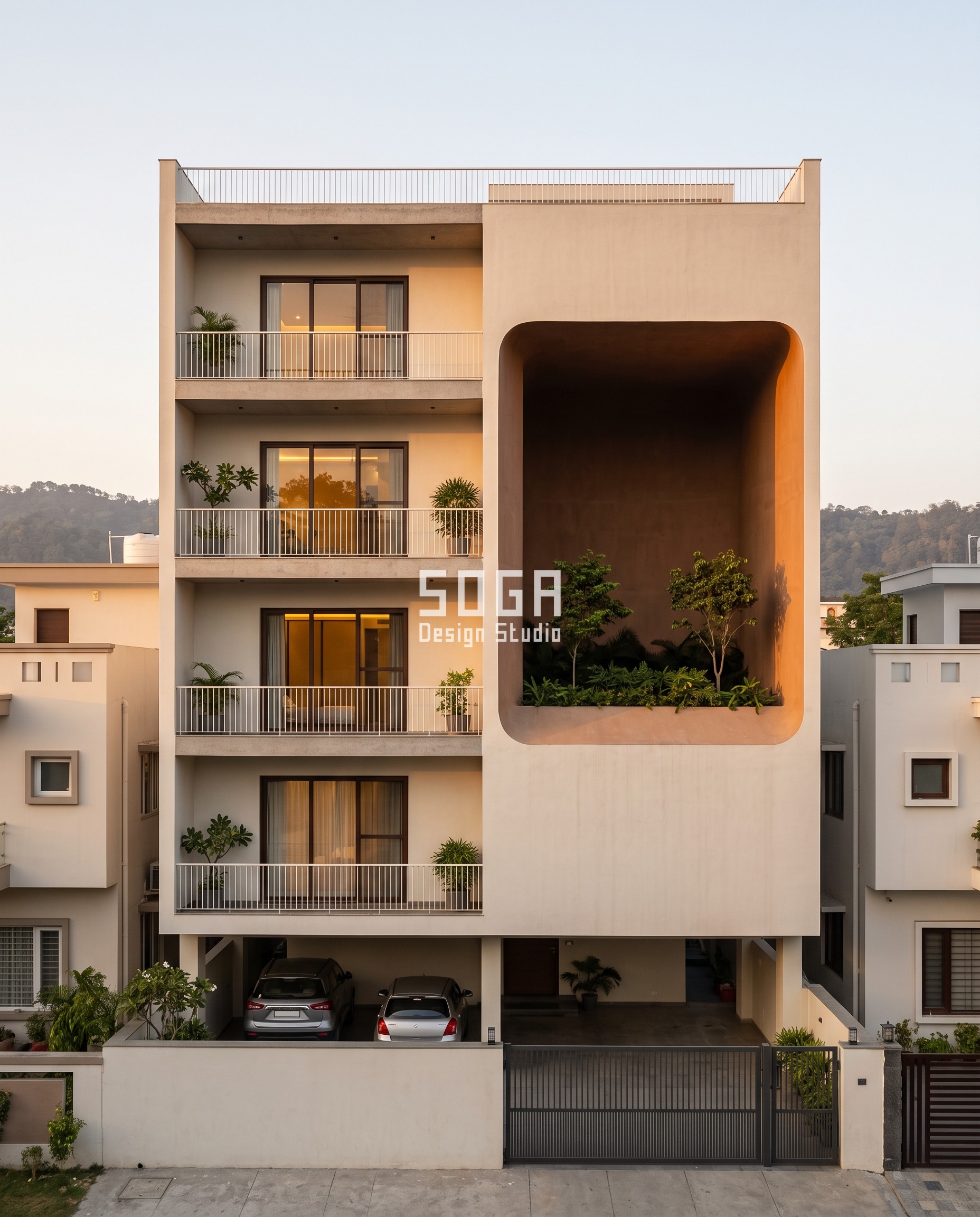 Zaha Hadid Style Facade Design India Without a Mould 5 A five-metre-deep scoop cut clean out of a G+4 Dehradun residence with two trees growing inside it, every return lined in the same ferrocement shell - carved curved facade India.