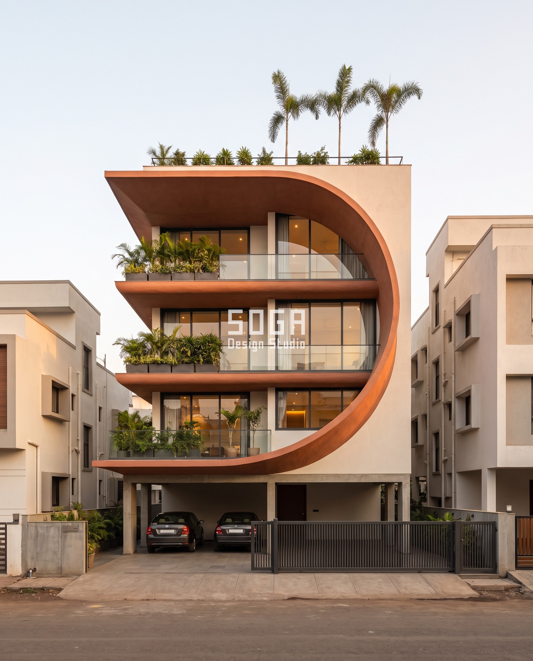 Zaha Hadid Style Facade Design India Without a Mould 6 Zaha Hadid style facade design in India: one continuous clay-toned ferrocement curl sweeping across a G+4 Kolhapur residence, its tail merging into the balcony slab edge.