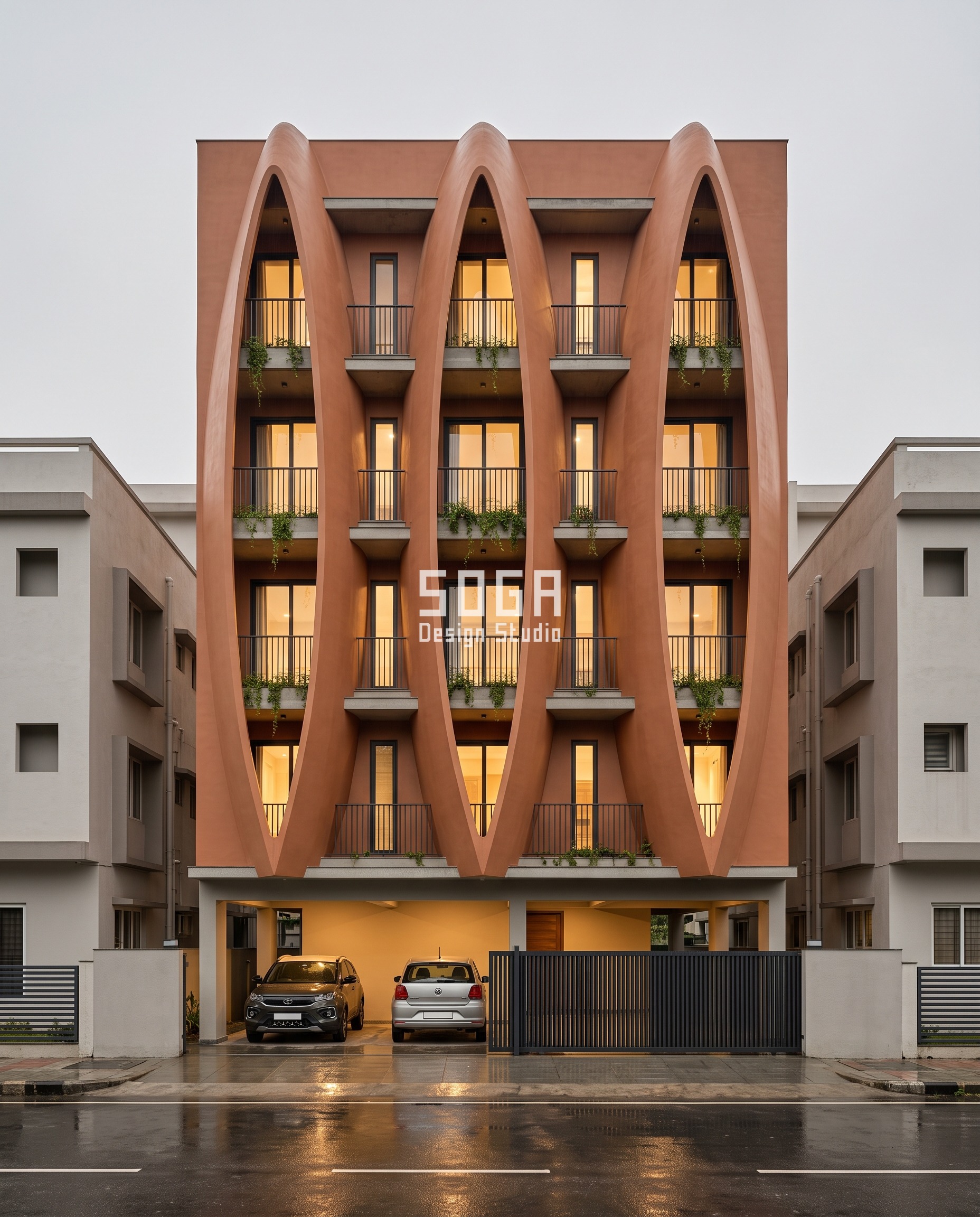Zaha Hadid Style Facade Design India Without a Mould 3 Three deep pointed-oval ferrocement lobes on a tall G+5 Siliguri residence in monsoon rain, balconies set in the gaps - Zaha Hadid style curved facade built in India.