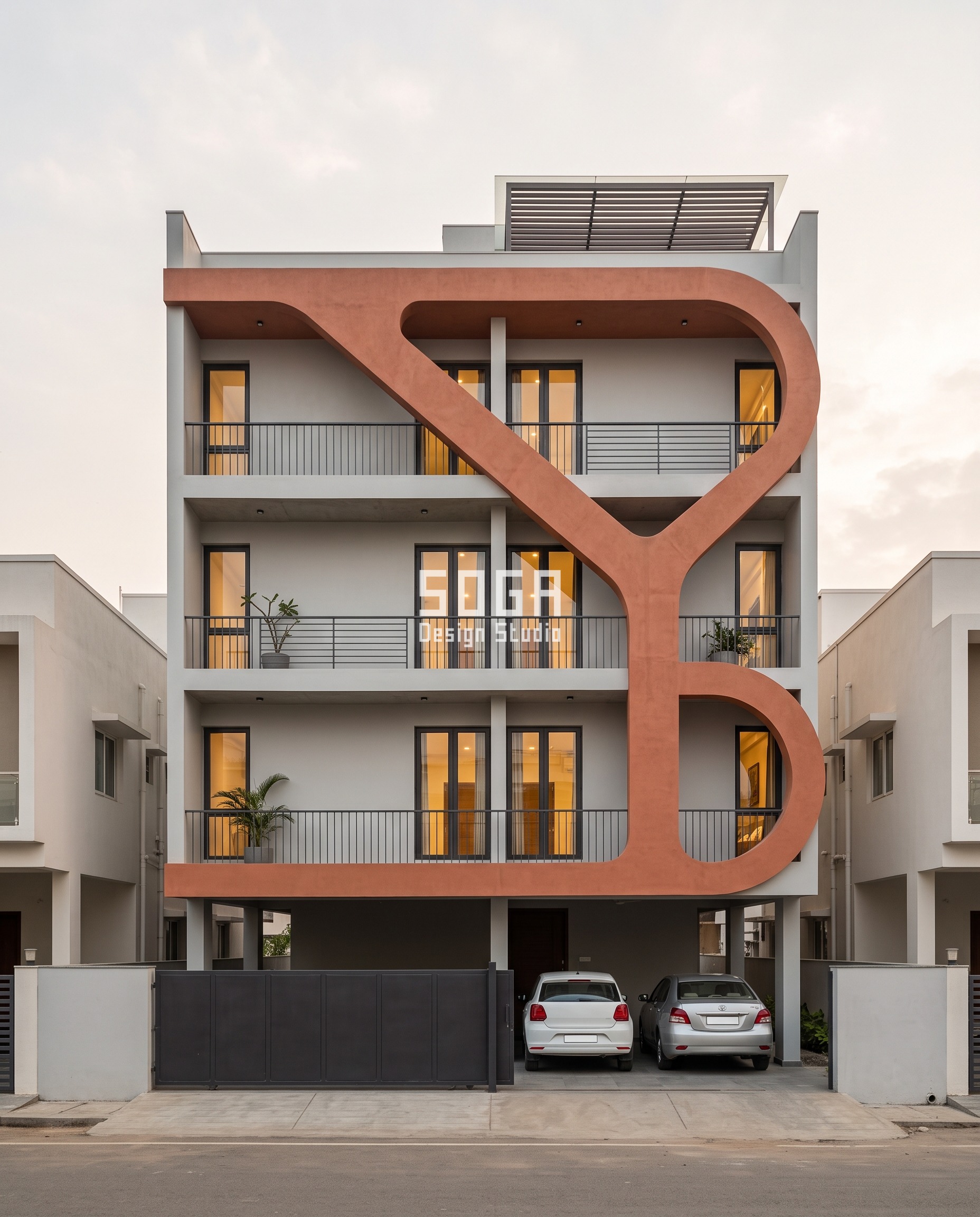 Zaha Hadid Style Facade Design India Without a Mould 2 A single unbroken ferrocement ribbon splitting into a Y and closing into an eye across a G+3 Warangal house, every turn at the same 350 mm radius - flowing facade design without a mould.