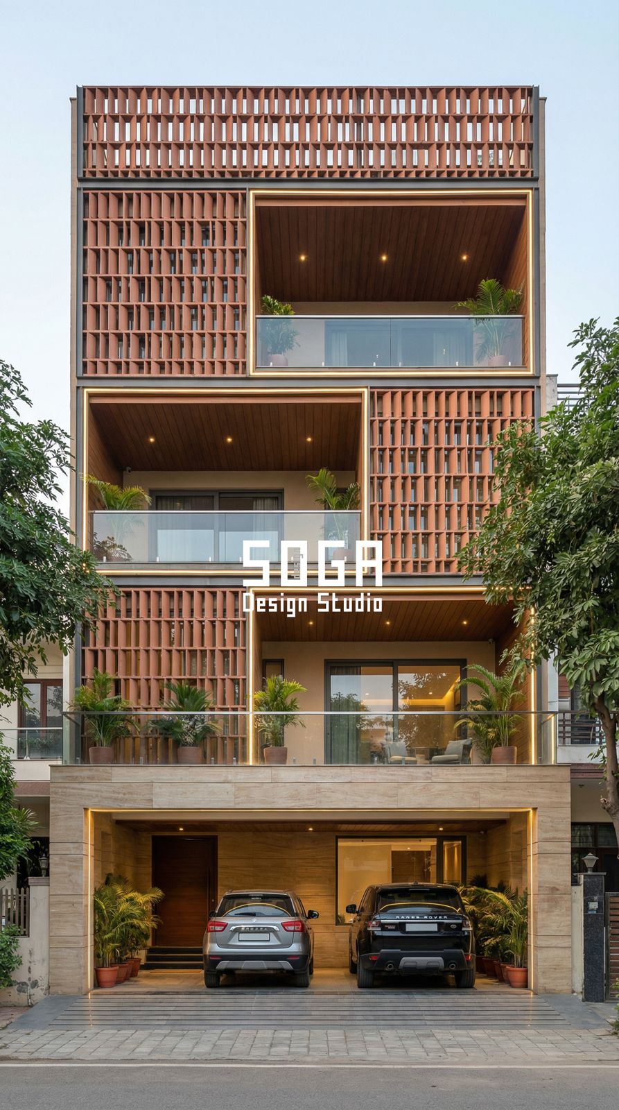 G+3 & G+4 Elevation Design India 2026: 8 Modern Facades 6 Terracotta-tone vertical baguette screen elevation with deep balcony recesses, G+4 house India
