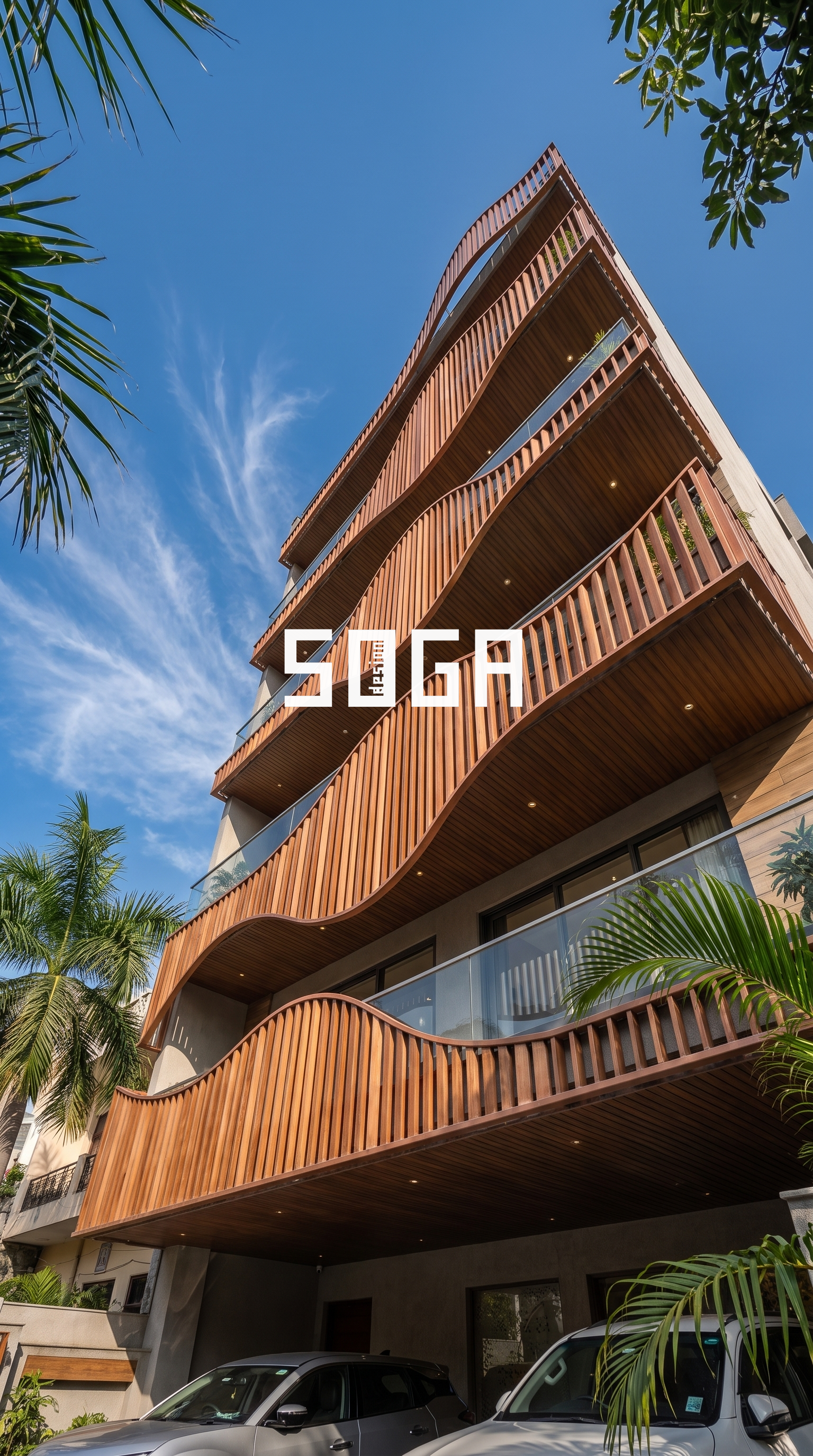 Five Floors, Five Waves: A Wave-Pattern Louver Facade That Solves Privacy and Light Together 1 Five-floor wave louver balcony facade in warm wood-shade SOGA Louver finish, low angle view - SOGA Design Studio