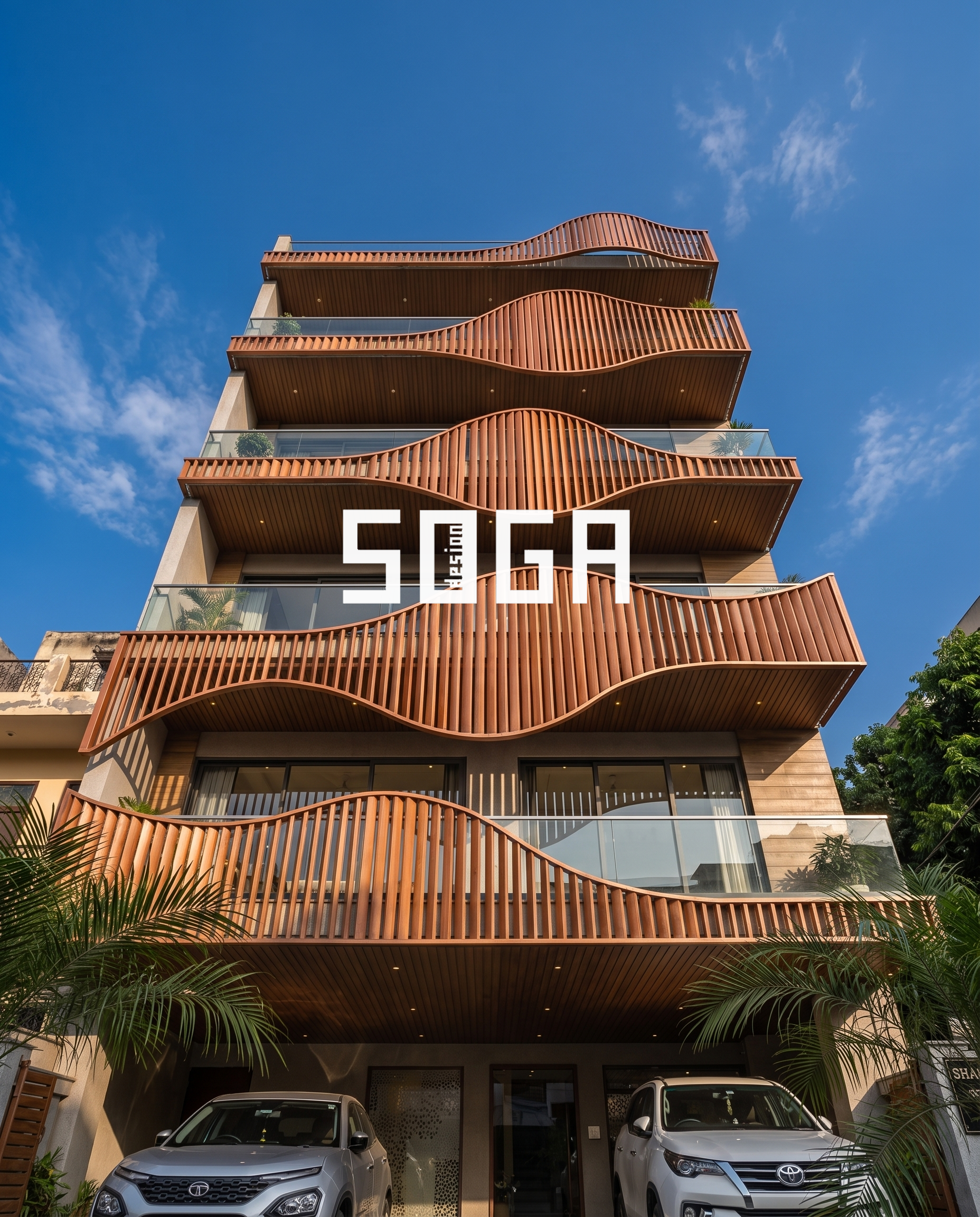 Five Floors, Five Waves: A Wave-Pattern Louver Facade That Solves Privacy and Light Together 2 Frontal view of the wave louver facade showing five distinct balcony curves stacked floor to floor - SOGA Design Studio