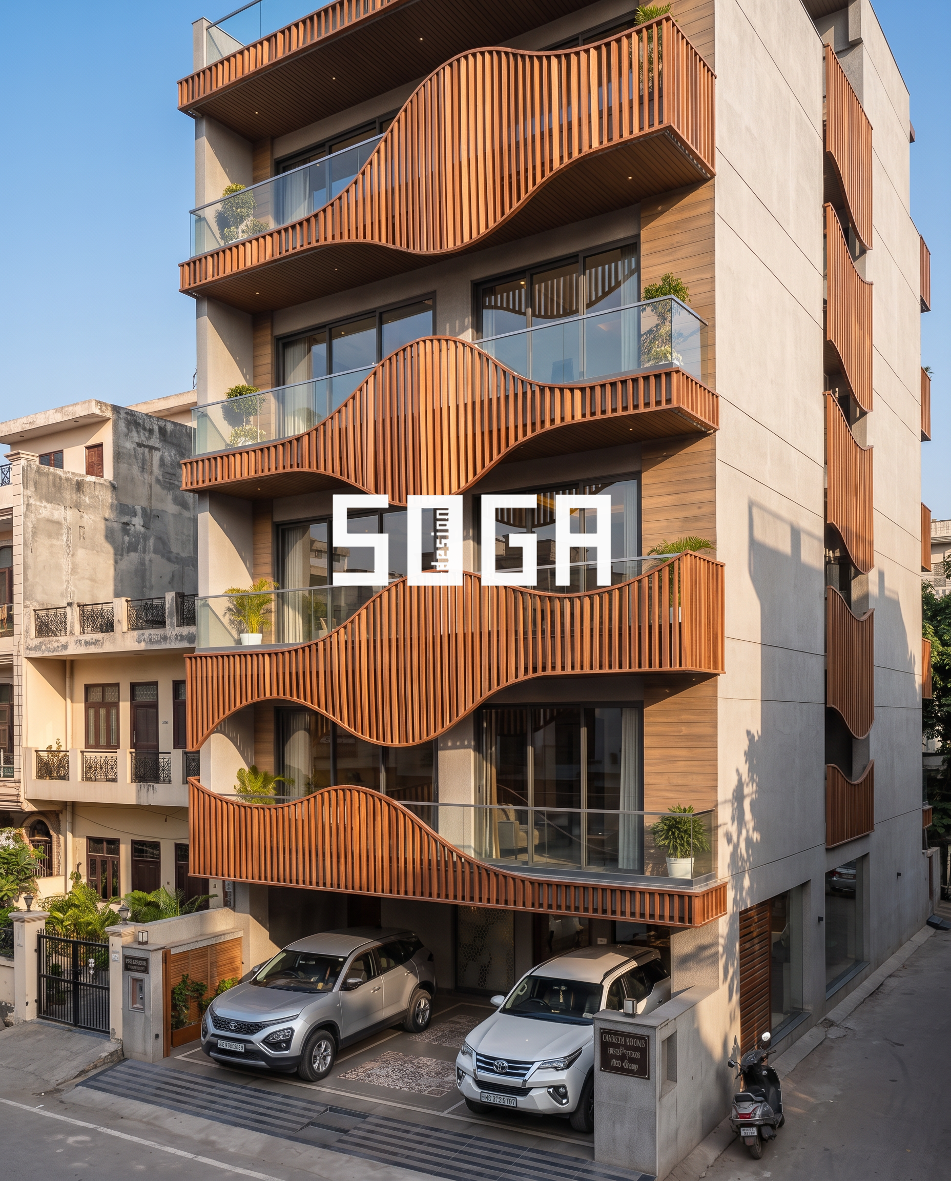 Five Floors, Five Waves: A Wave-Pattern Louver Facade That Solves Privacy and Light Together 3 Angled view of the wood-shade louver balcony waves against a residential street - SOGA Design Studio