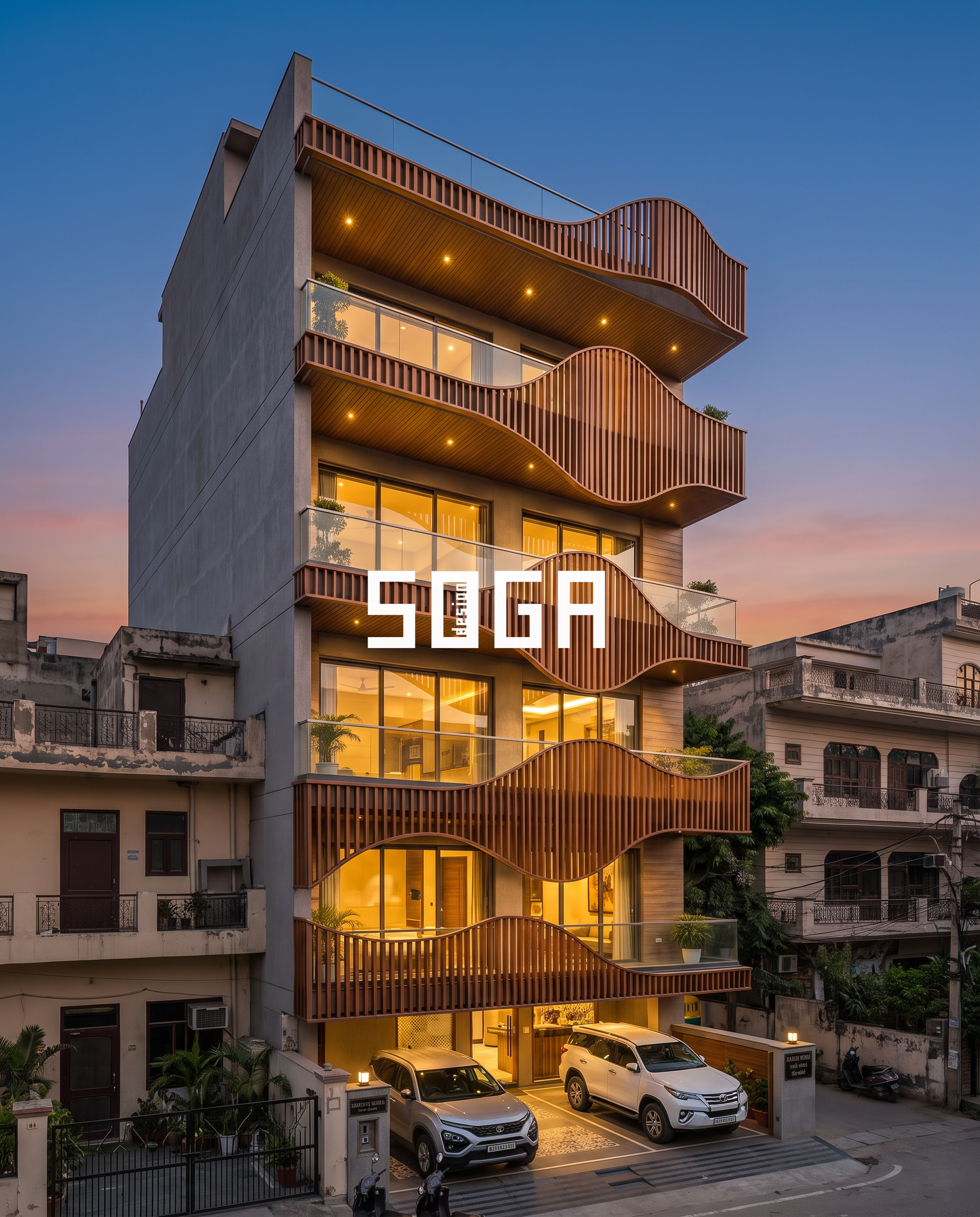 Five Floors, Five Waves: A Wave-Pattern Louver Facade That Solves Privacy and Light Together 5 Twilight view of the wave louver facade with warm interior lighting glowing through the balconies - SOGA Design Studio