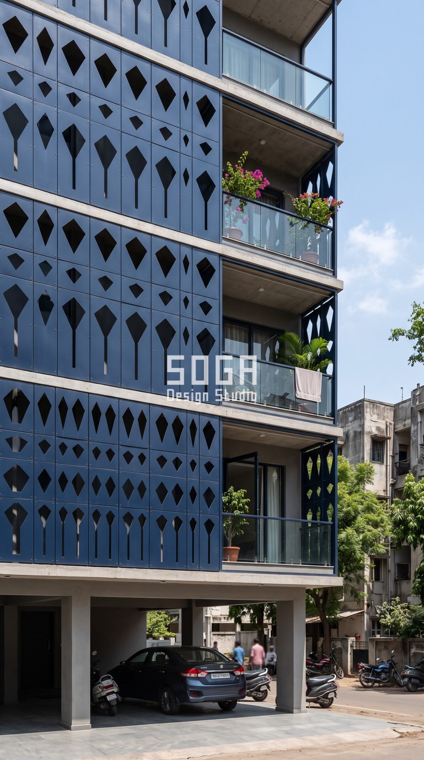 Window grill alternative in Ahmedabad - Parametric Kite Screen facade in matte deep navy blue composite panels by SOGA Design Studio