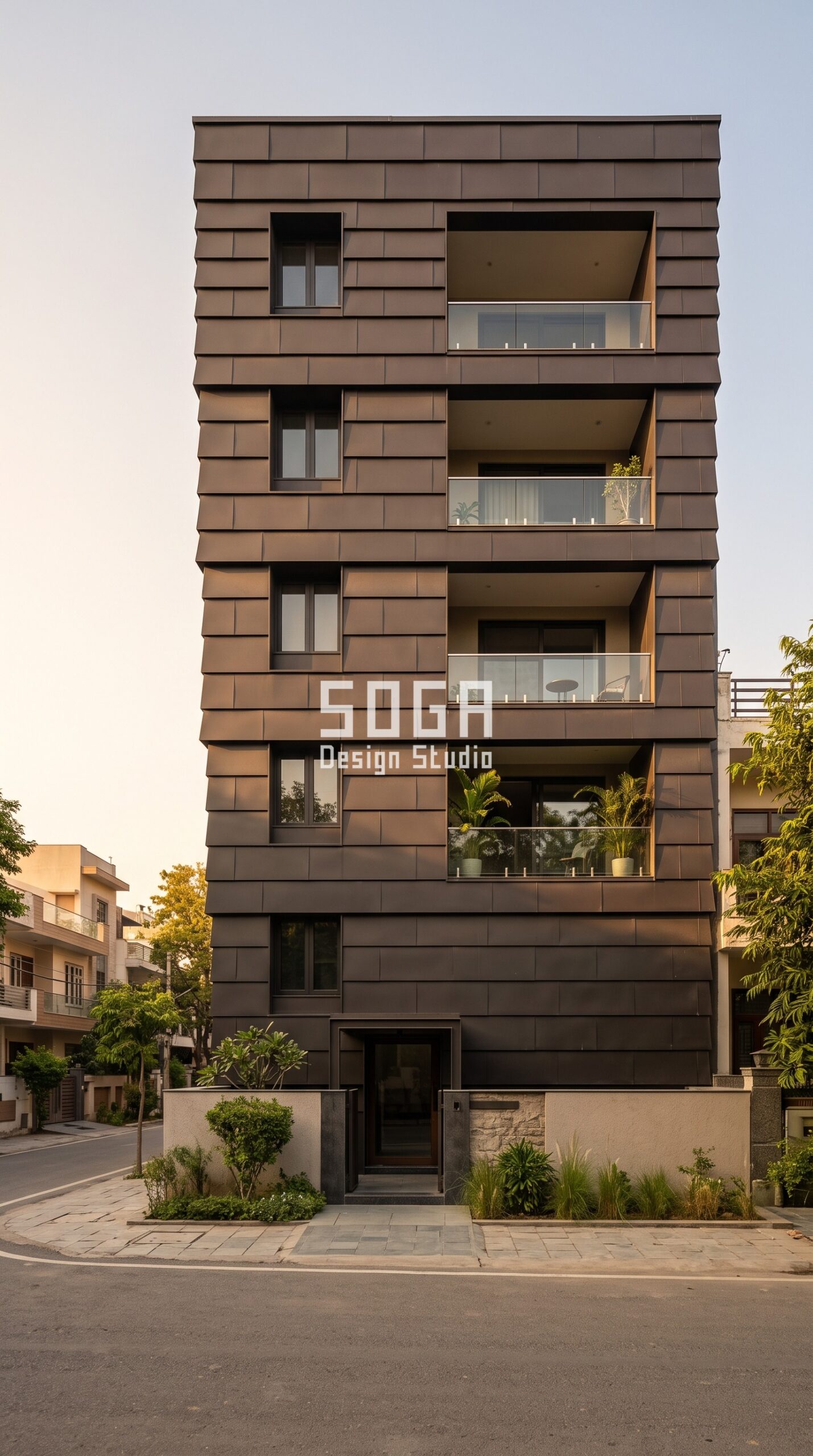Window grill alternative in New Delhi - Parametric Lap Shingle facade in matte dark black brown powder-coated steel