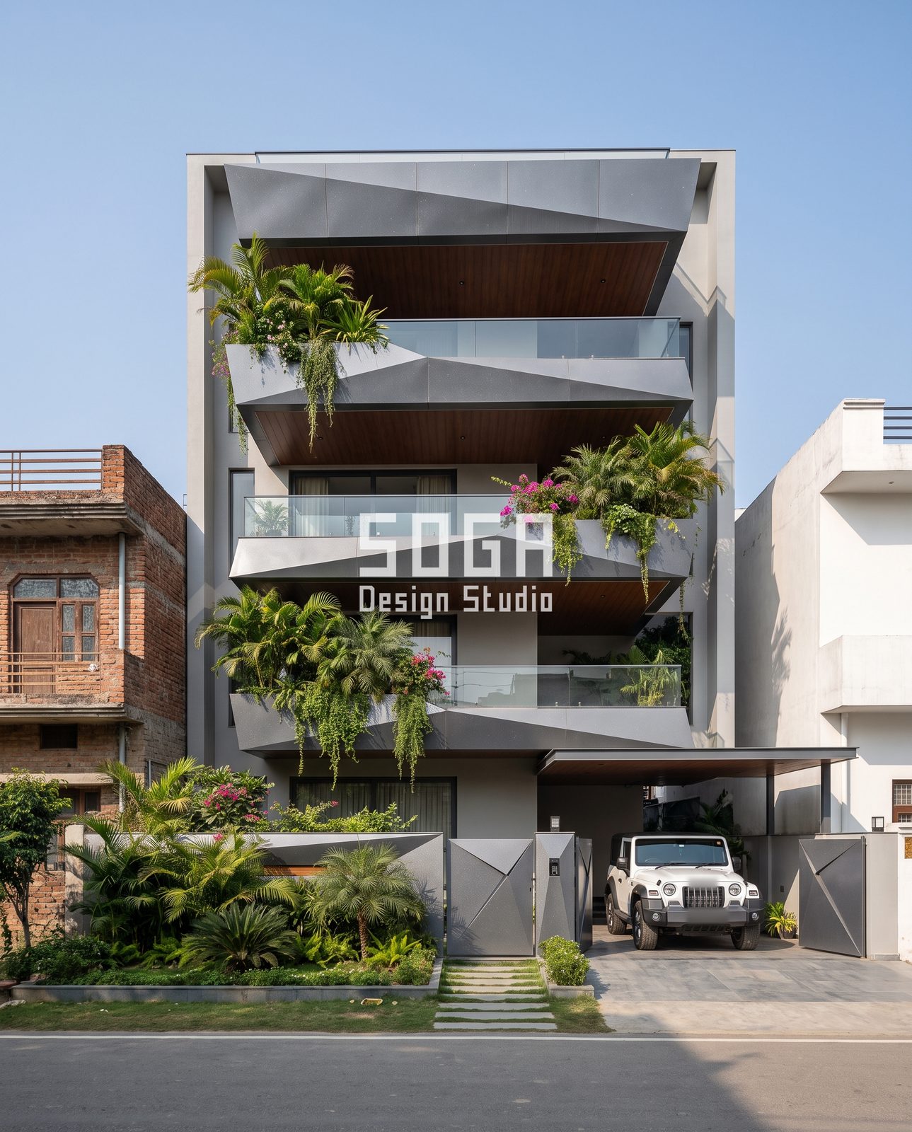 Angular, Triangulated, Finned, Draped and Looped: 5 Balcony Facade Ideas for India 1 Angular folded grey balcony facade with planters on a four-storey house, India
