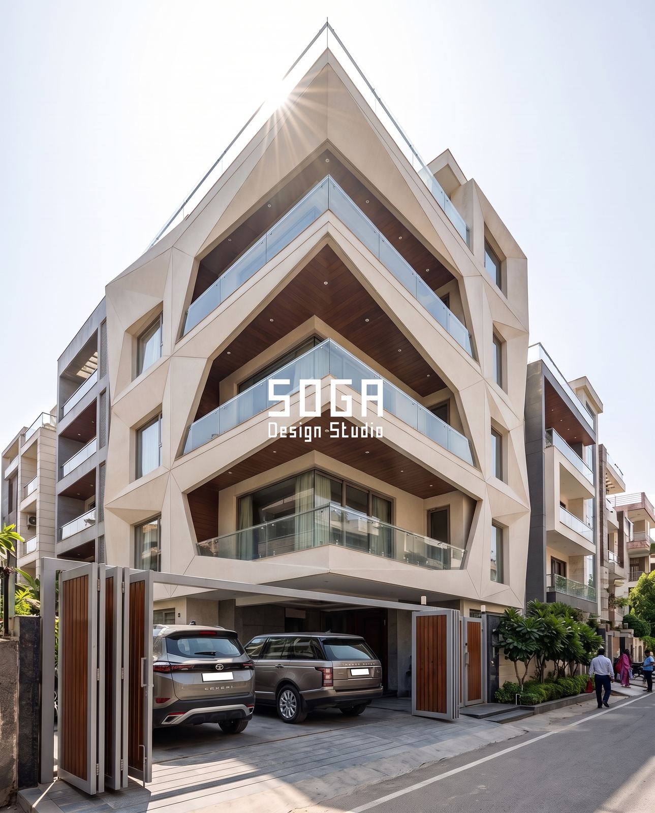Organic Facade Design: Why It Doesn't Mean Curves 3 Angular organic facade design with stacked pointed forms and timber soffits on an Indian residence