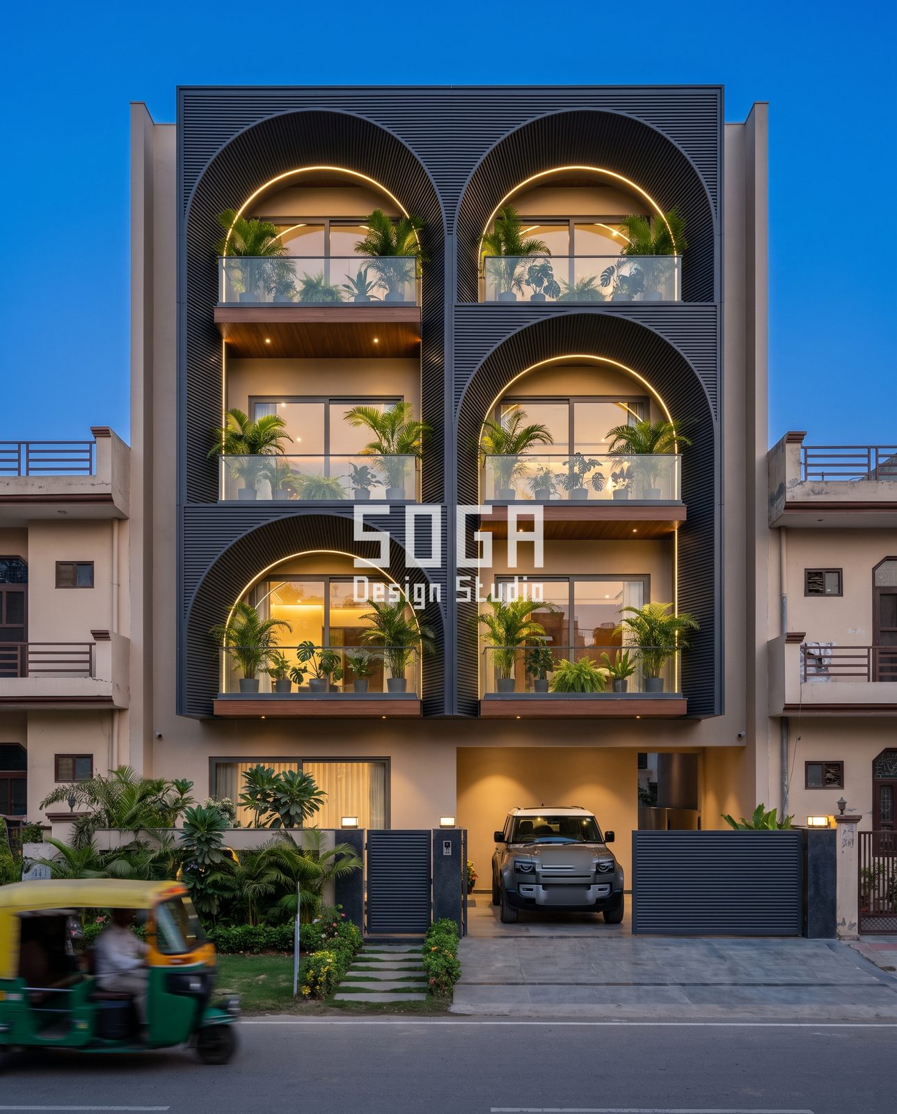 Dark ribbed G+3 facade in India with tall arched balcony recesses outlined by warm LED lines, palms and glass railings