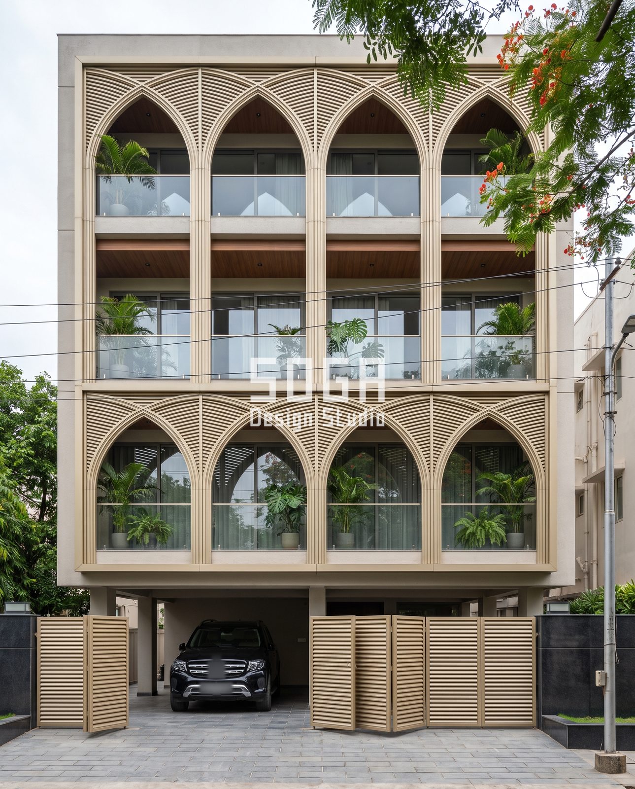 Spine, Capsule, Lancet, Ribbon and Frame: 5 Cantilever Balcony Facade Ideas for India 3 Sand-tone pointed arch facade with louvred spandrels and glass balconies over stilt parking, India