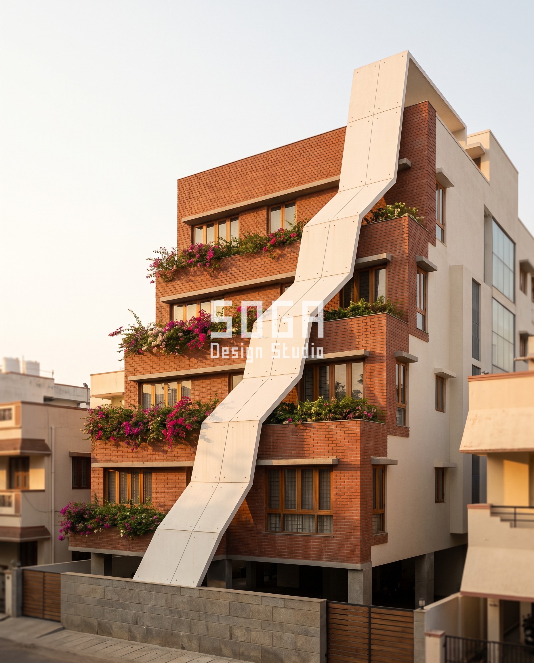 Asymmetrical House Elevation Design: Coimbatore & India 2026 1 single figure / F02 Fold angle gradient a smooth hand-polished white lime facade, RS Puram, Coimbatore - SOGA Design Studio