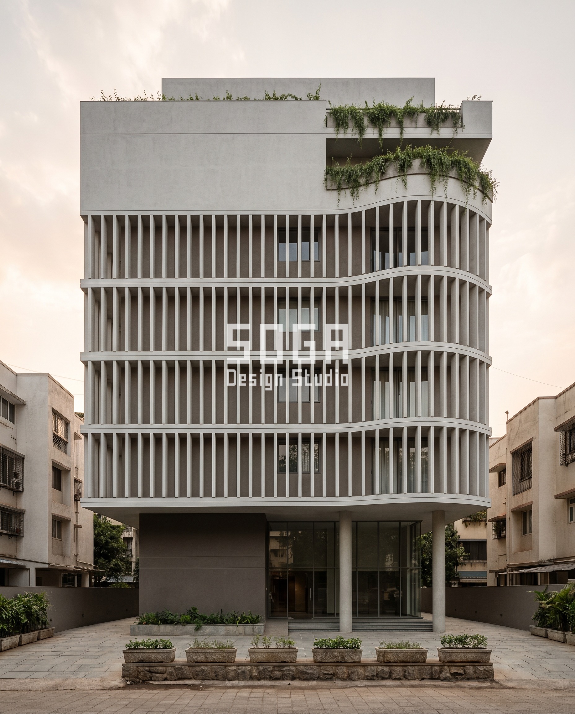 Asymmetrical House Elevation Design: Coimbatore & India 2026 2 veil / B11 Fin curvature in elevation a smooth hand-polished grey lime facade, Khar West, Mumbai - SOGA Design Studio