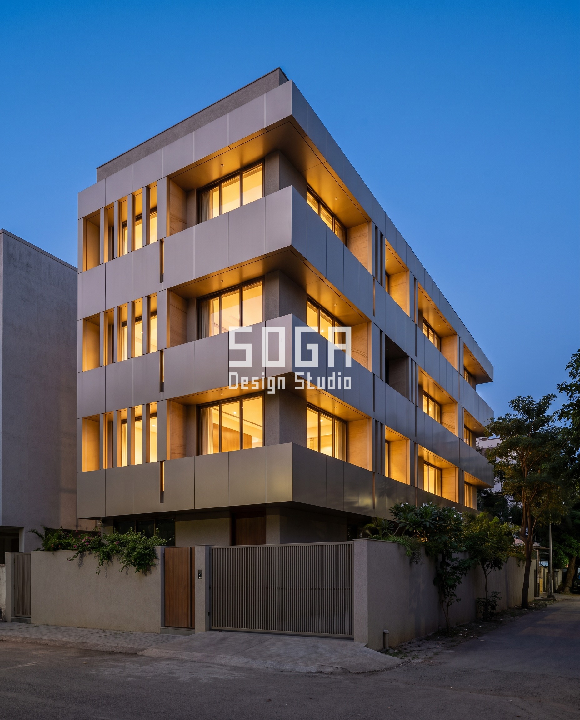 Asymmetrical House Elevation Design: Coimbatore & India 2026 4 slab edge / H07 Band interruption rhythm champagne aluminium facade, Navi Mumbai - SOGA Design Studio