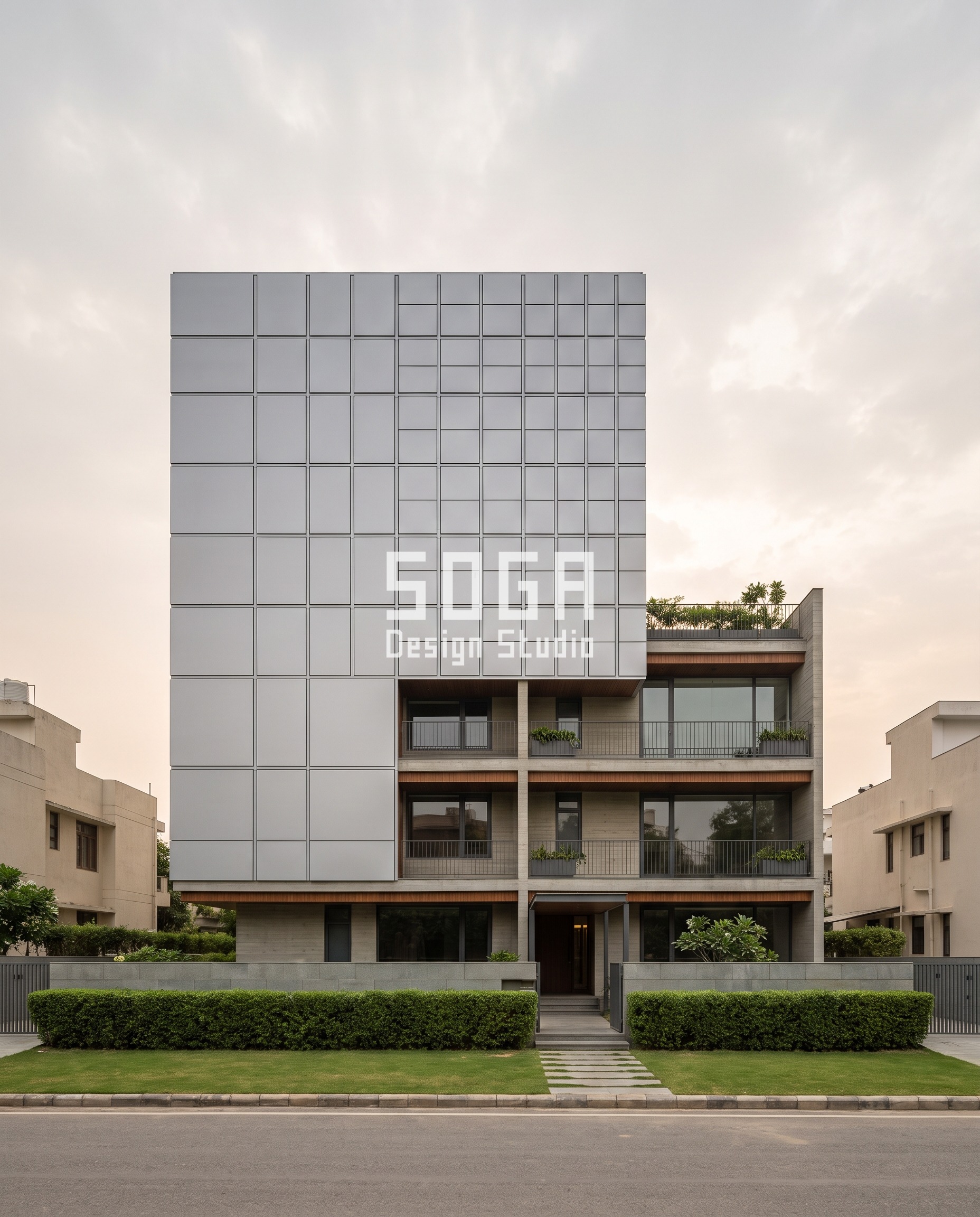 Asymmetrical House Elevation Design: Coimbatore & India 2026 3 unit field / D07 Panel subdivision level silver-grey aluminium facade, Noida - SOGA Design Studio