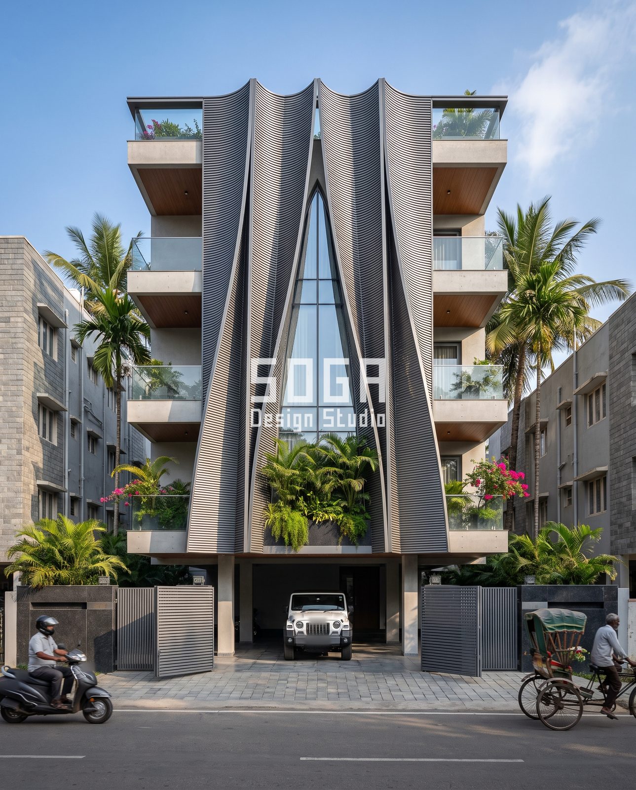 Arches, Ribbons, S-Curves, Notches and Blades: 5 Balcony Cutout Facade Ideas for Indian Homes 5 Five-storey India facade with grey-tone ribbed pleated blade fins parting at a tall lancet glazed slot above a planted base
