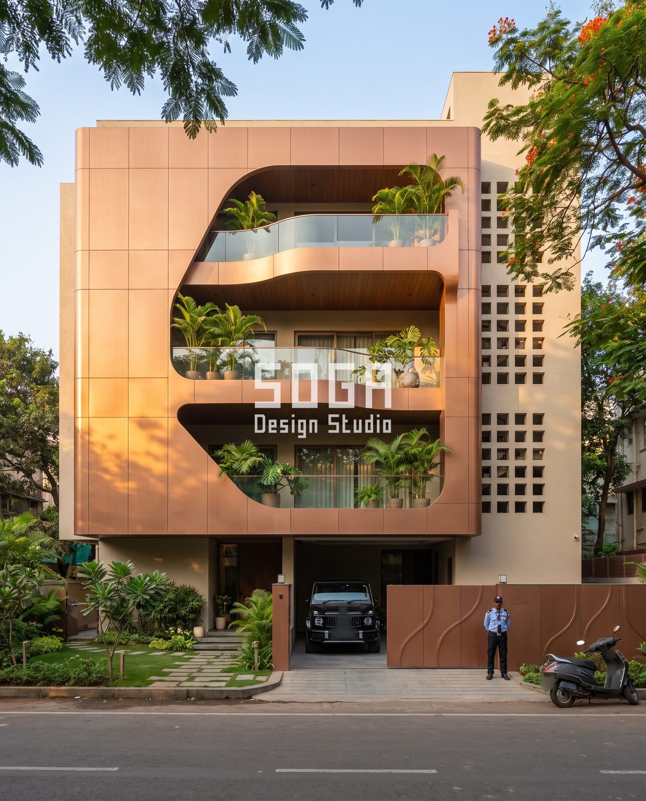 Arches, Ribbons, S-Curves, Notches and Blades: 5 Balcony Cutout Facade Ideas for Indian Homes 4 Copper-tone panelled block facade in India with an S-shaped notch exposing three balconies, cream perforated wing beside
