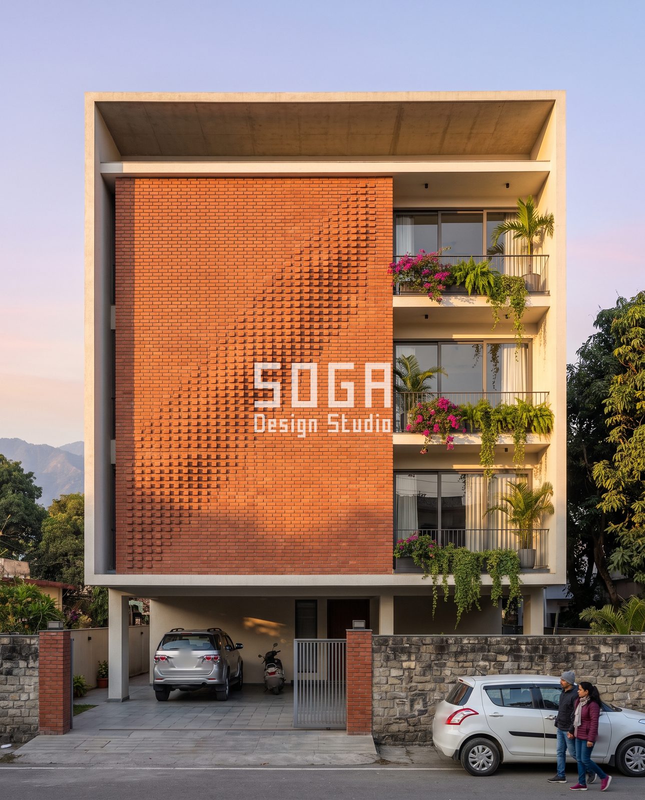 Red brick veil wall with pushed-out brick headers in a diagonal gradient beside planted balconies, India