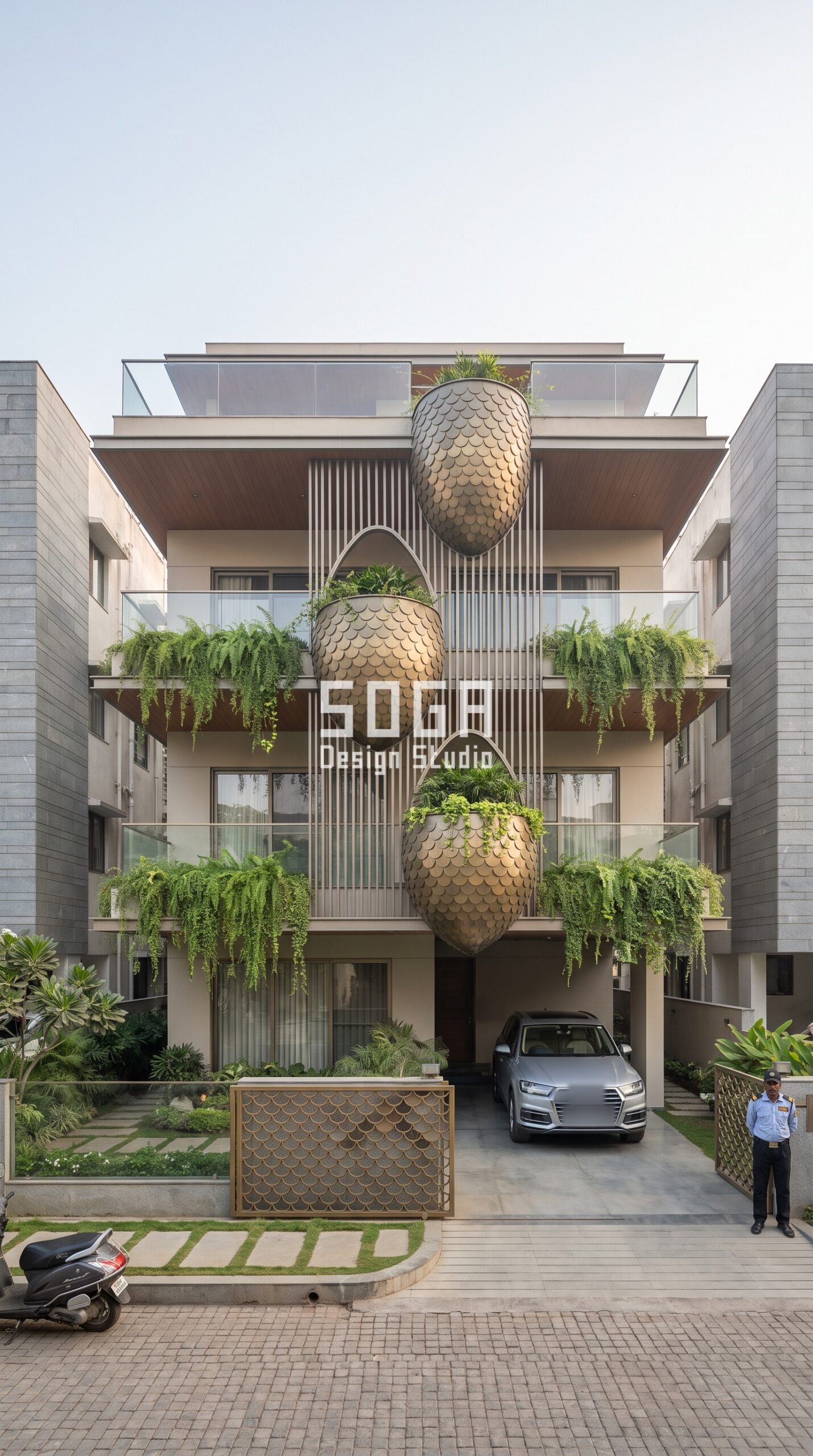Copy Front Elevation Design From a Photo: India 2026 3 Shingle Skin Sculpture / Scales antique brass facade, Pune - SOGA Design Studio