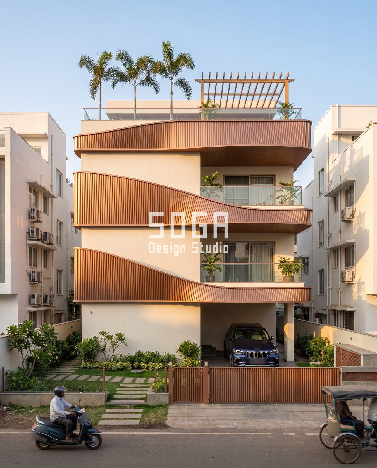 Arches, Ribbons, S-Curves, Notches and Blades: 5 Balcony Cutout Facade Ideas for Indian Homes 2 India house with three copper-tone fluted ribbon bands swelling and thinning along each balcony slab edge, carport below