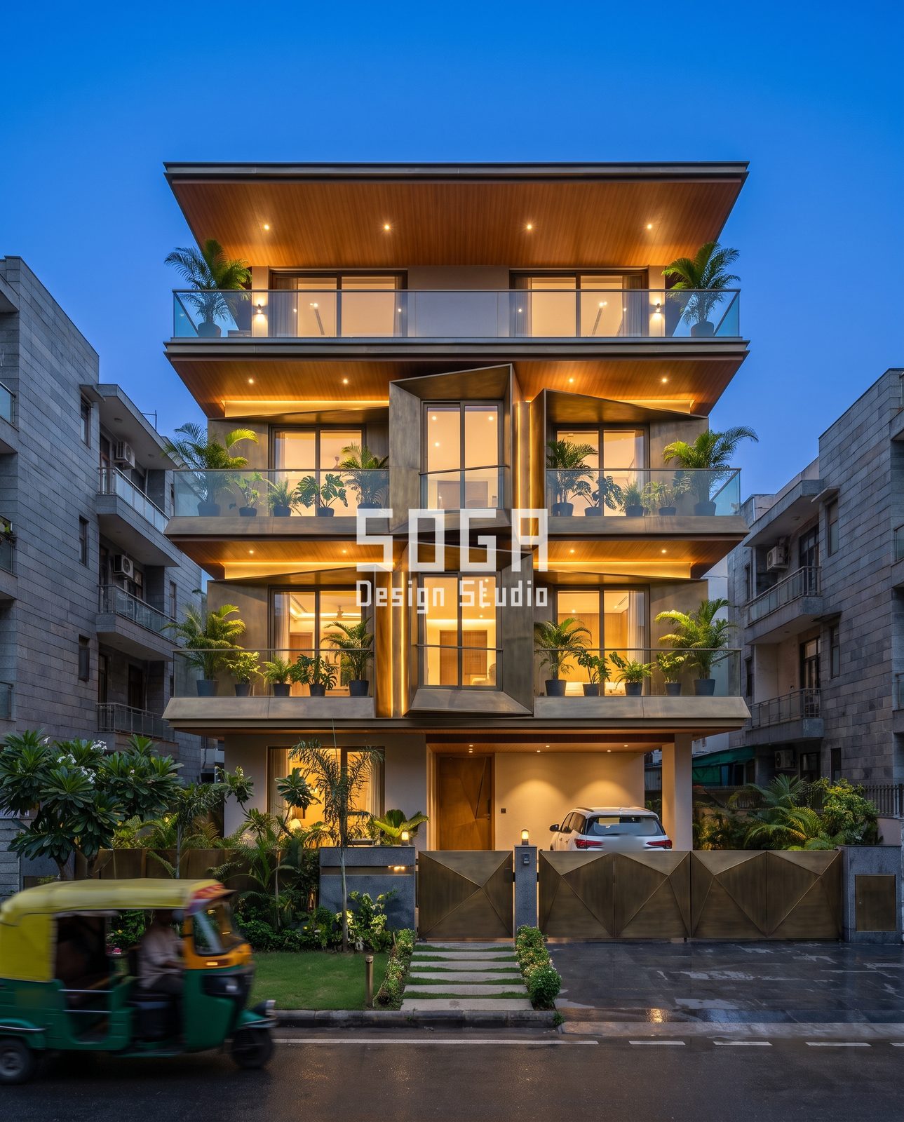 House entrance facade India at blue hour with faceted bronze-tone bays, garden path and folded-plate gates