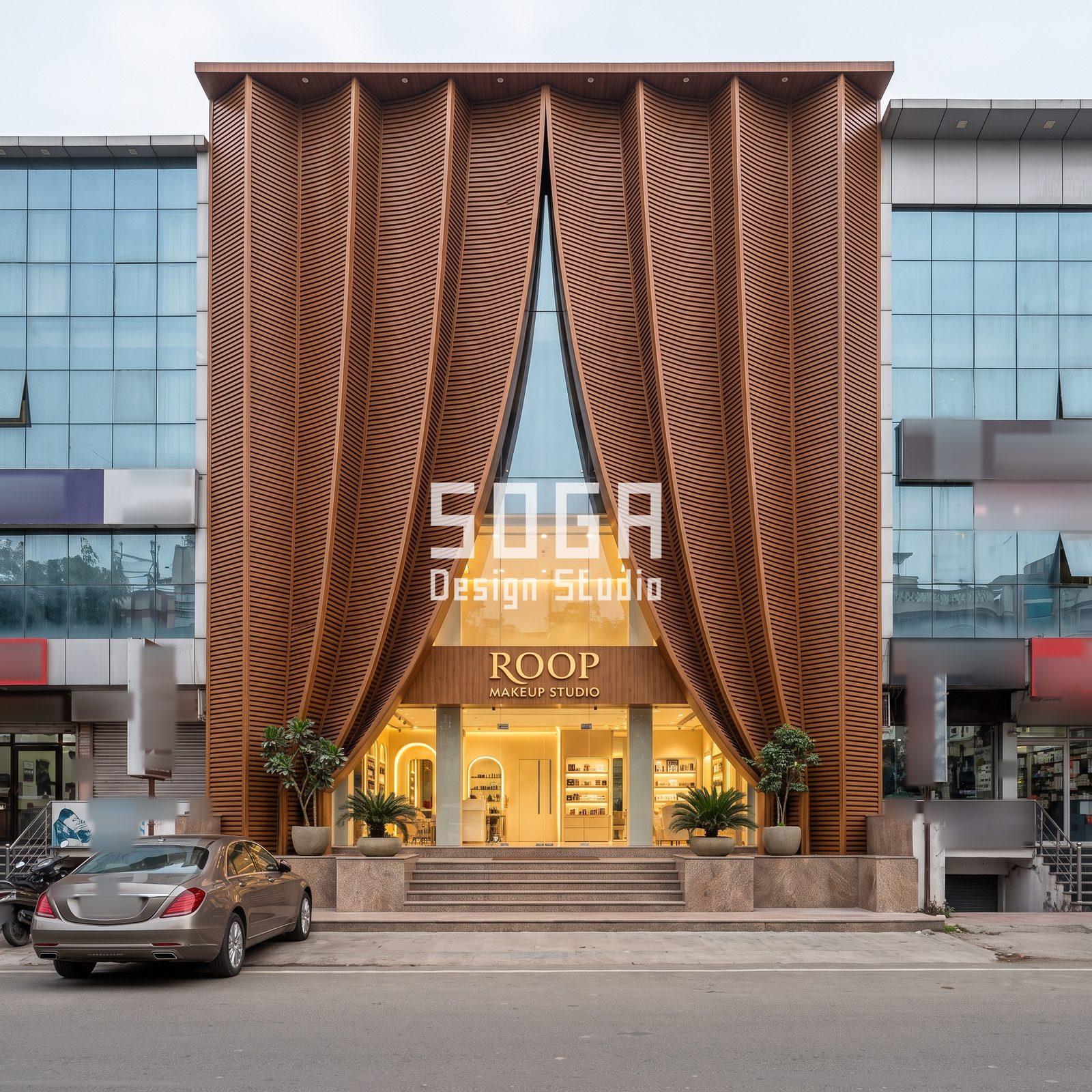 Shopfront facade India: full-height timber-tone fin curtain folded into pleats over a glazed makeup studio entrance