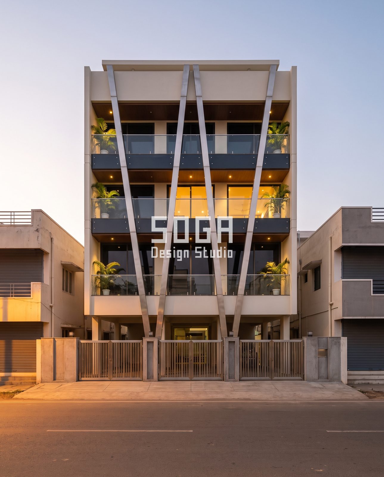 Twisted, Looped, Leaning, Waved and Slatted: 5 Sculptural Balcony Facade Ideas for Indian Homes 3 Four leaning steel-tone blades forming two narrowing V shapes across balconies at dusk, India