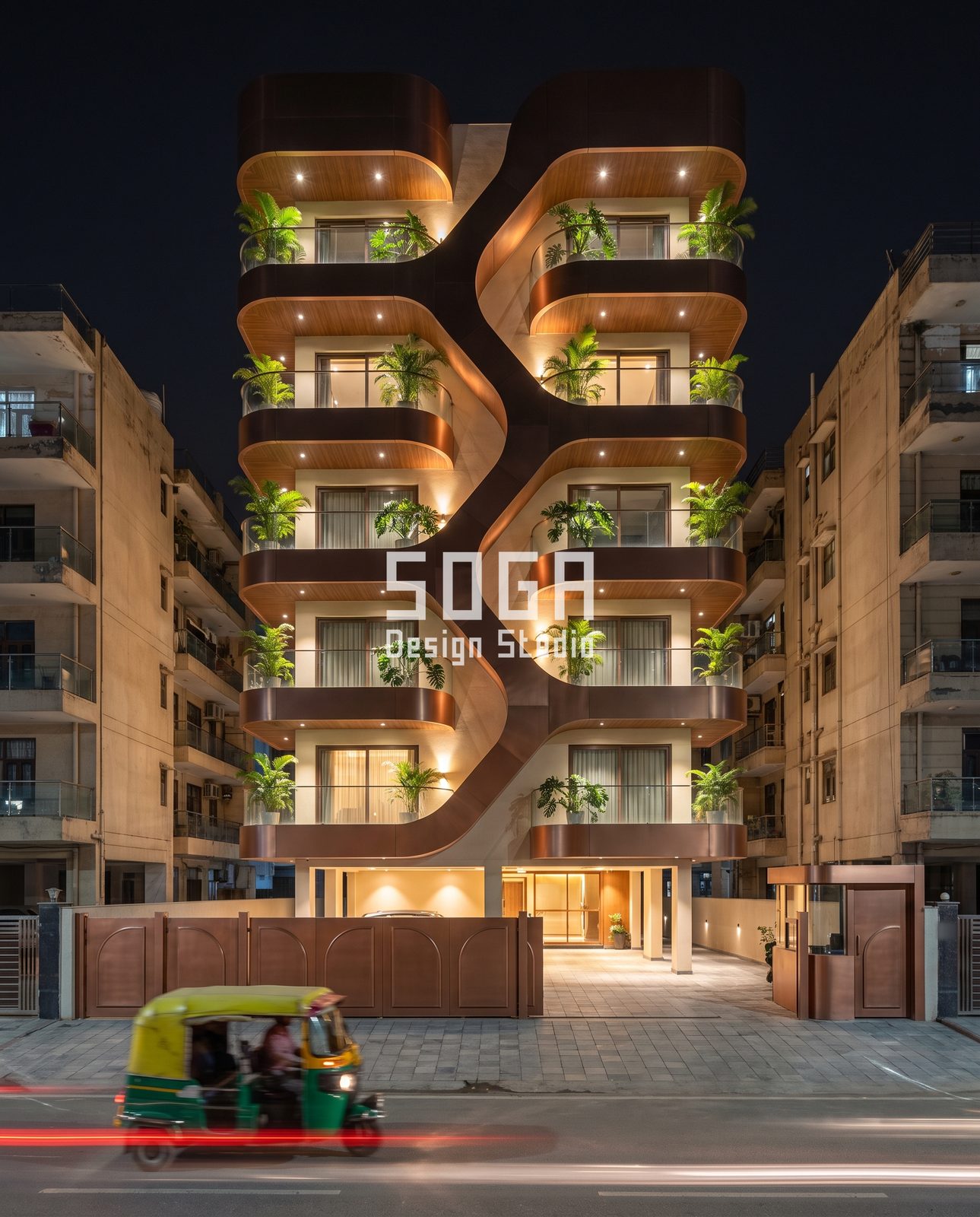 Arched, Draped, Curved and Tilted: 5 Balcony Facade Ideas for Indian Homes 4 Mirrored S-ribbon balcony facade India at night, bronze-tone curves, timber soffits and planted palms