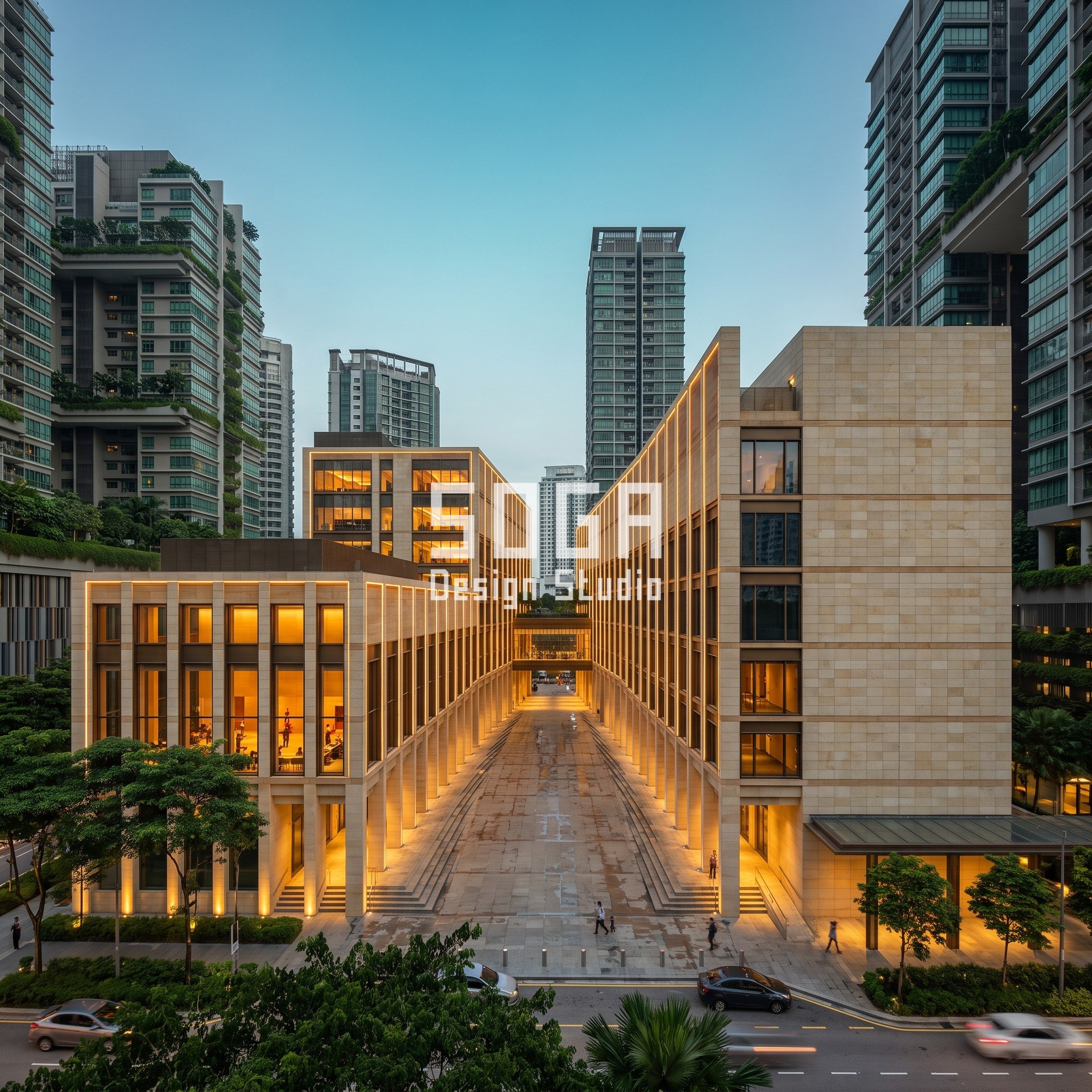 Educational Institution Facade Design: Campus Guide 2026 5 Kuala Lumpur cultural campus with museum library and theatre pavilions split by a widening natural stone canyon