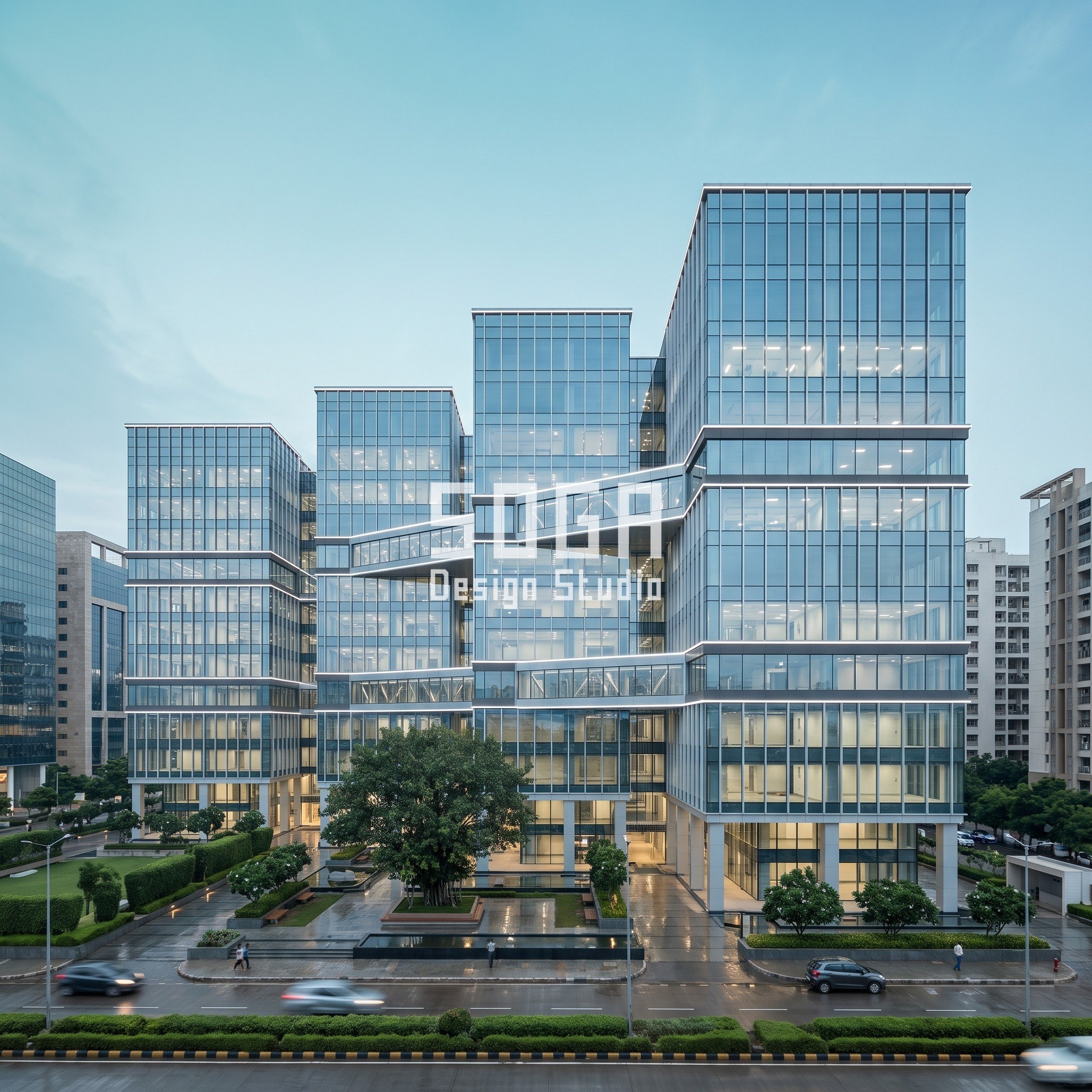 Educational Institution Facade Design: Campus Guide 2026 2 Pune technology campus with four office blocks joined by sky bridges and a curtain wall panel width gradient
