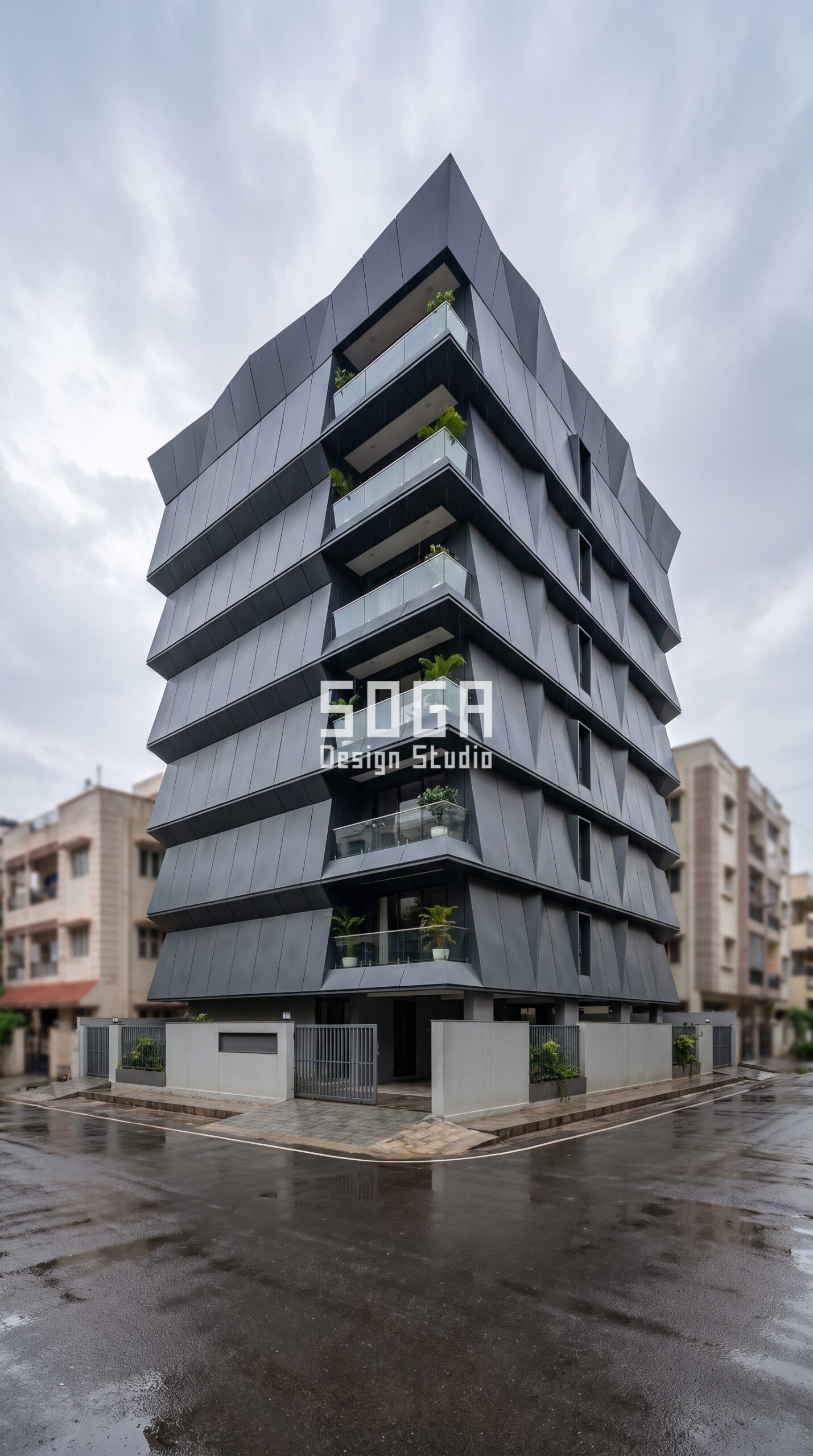 Elevation Colour Combination India 2026: 4 City Examples 4 Parametric Crease Prism ral 7016 anthracite grey steel facade, Koramangala, Bangalore - SOGA Design Studio