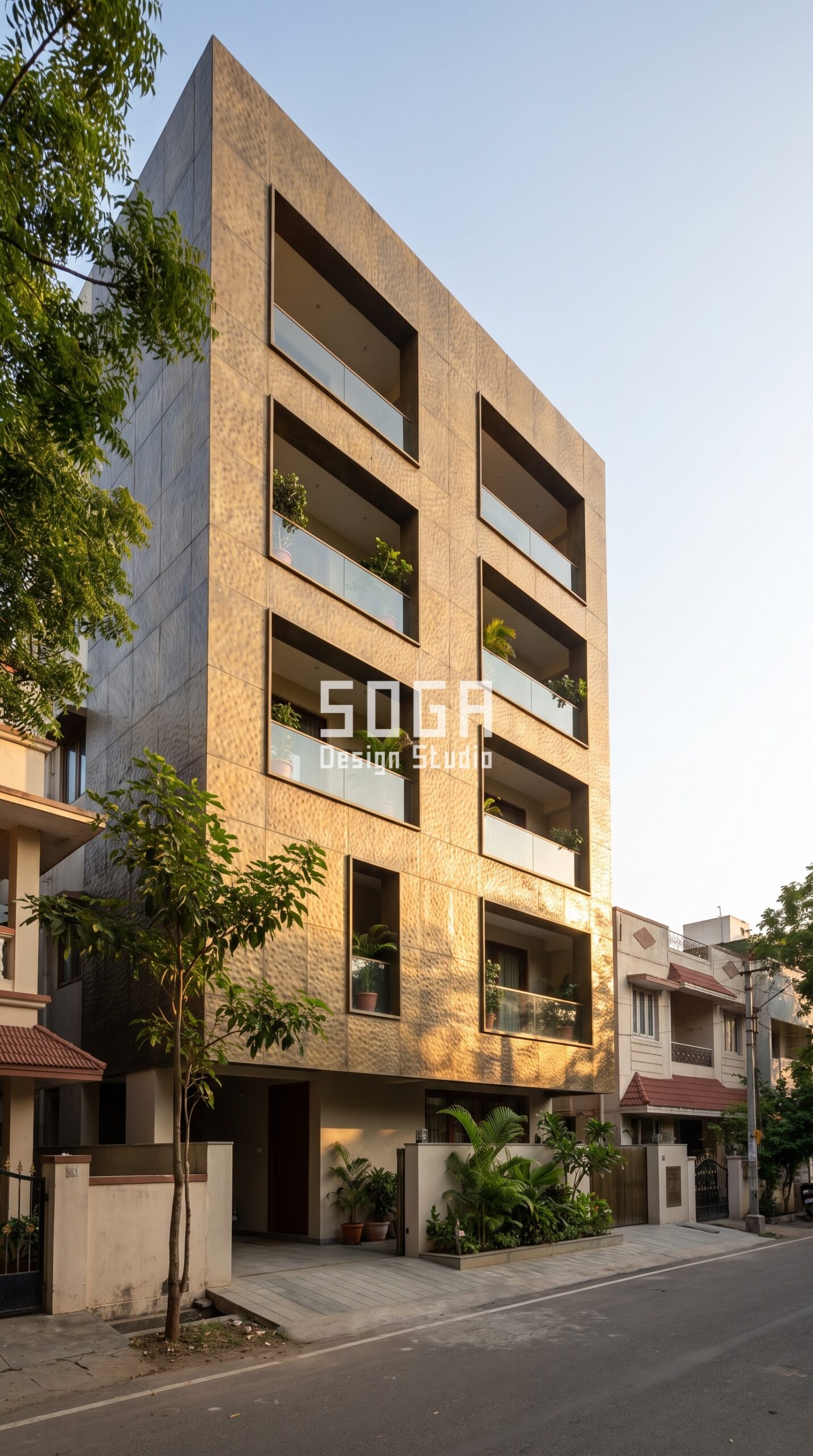 Elevation Colour Combination India 2026: 4 City Examples 2 Parametric Hammered Aperture antique aged brass facade, Saidapet, Chennai - SOGA Design Studio