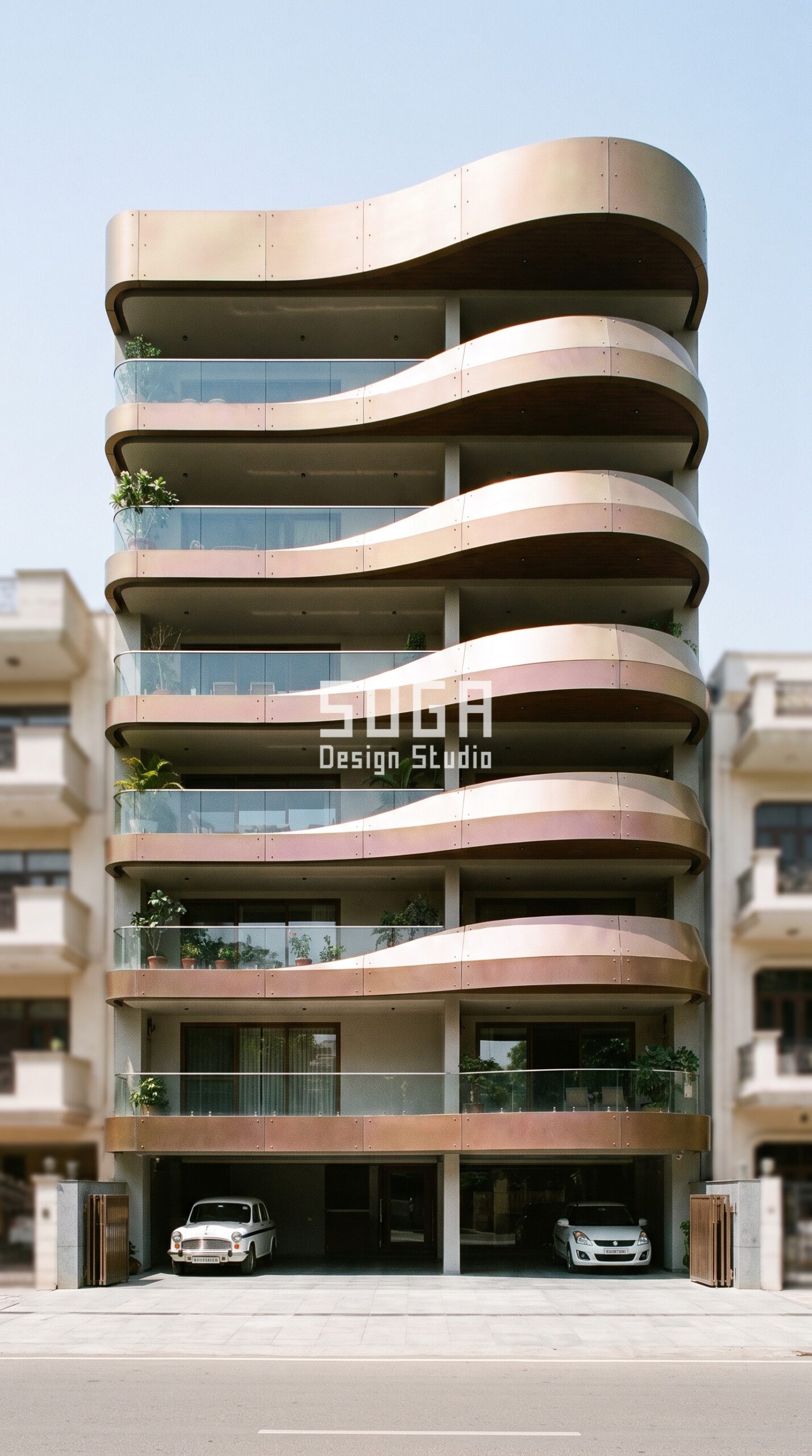 Elevation Colour Combination India 2026: 4 City Examples 1 Parametric Tidal Band iridescent bronze facade, Defence Colony, New Delhi - SOGA Design Studio