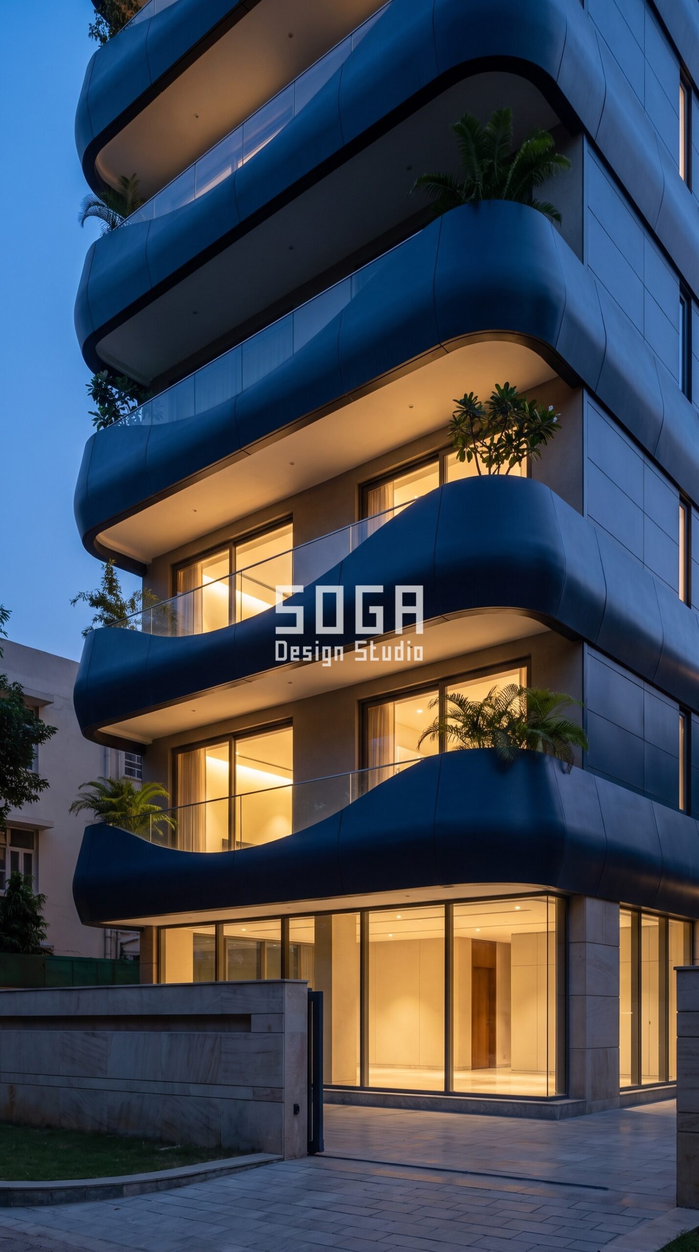Elevation Colour Combination India 2026: 4 City Examples 3 Parametric Swell Wrap ral 5004 black blue steel facade, Lutyens, New Delhi - SOGA Design Studio