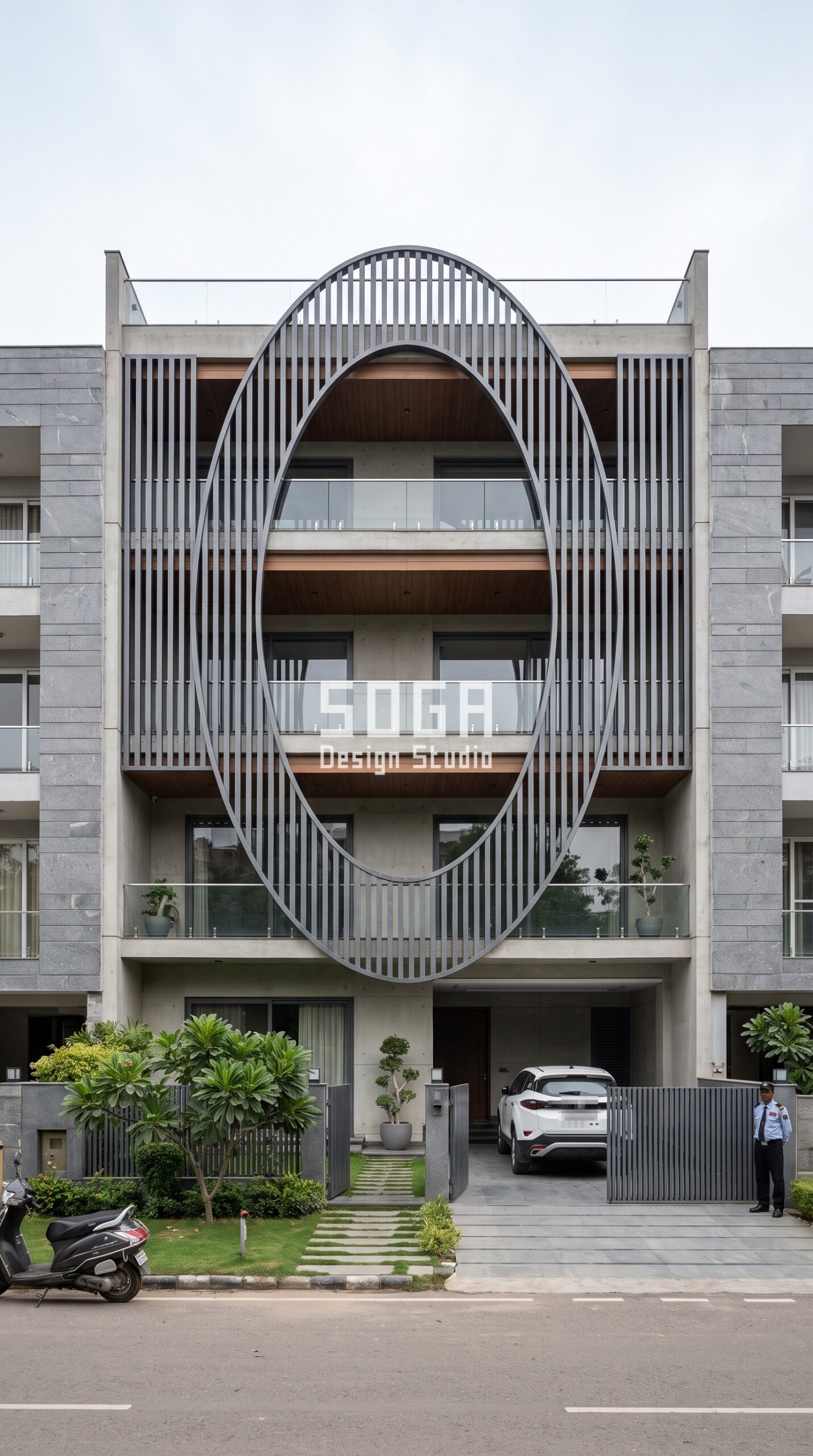 Elevation That Won't Look Outdated: Chandigarh & India 2026 4 One oval ring of graphite-grey metallic fins screening the terraces of a G+3 villa in Chandigarh, calm concrete frame around it - SOGA Design Studio