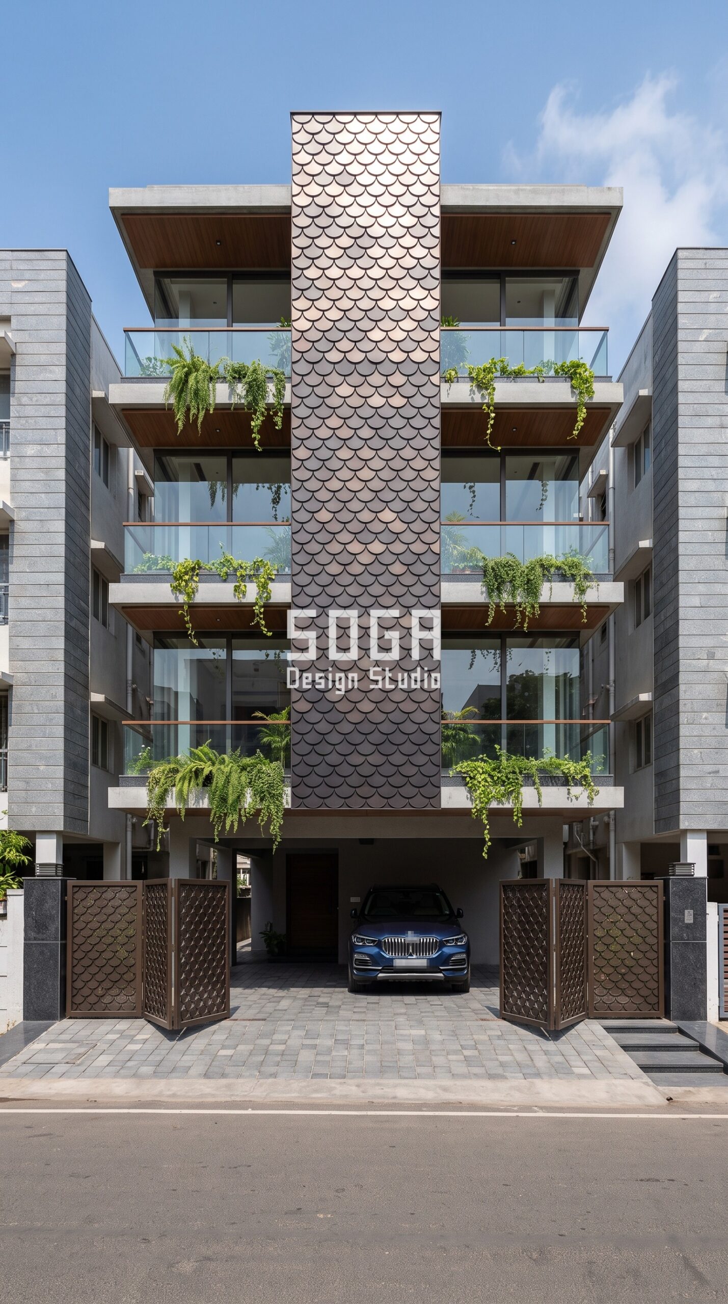 Elevation That Won't Look Outdated: Chandigarh & India 2026 3 Shingle Skin Sculpture / Scales bronze facade, Chennai - SOGA Design Studio