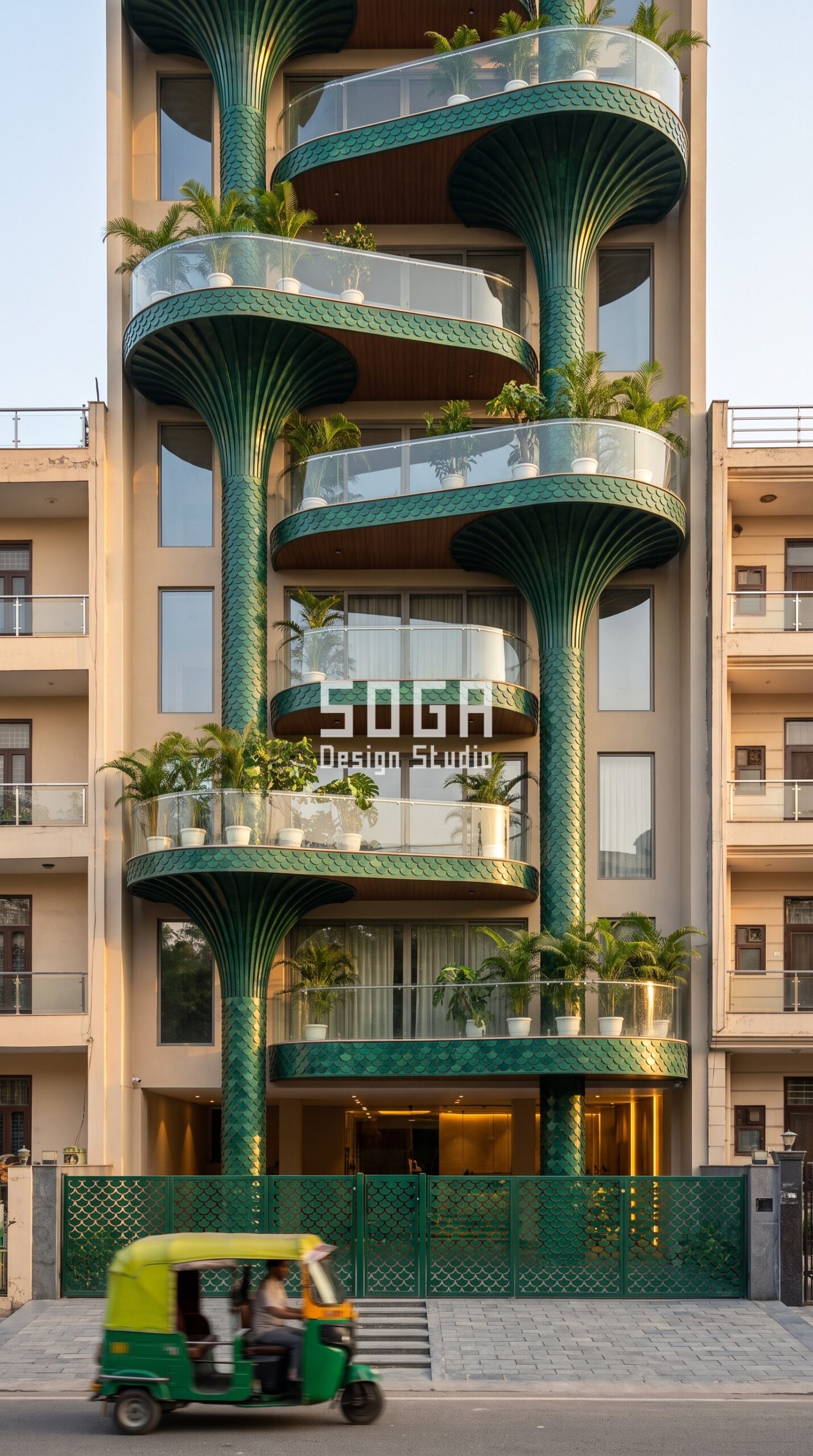 Elevation That Won't Look Outdated: Chandigarh & India 2026 2 Tree Columns & Canopies / Scales emerald facade, Gurugram - SOGA Design Studio