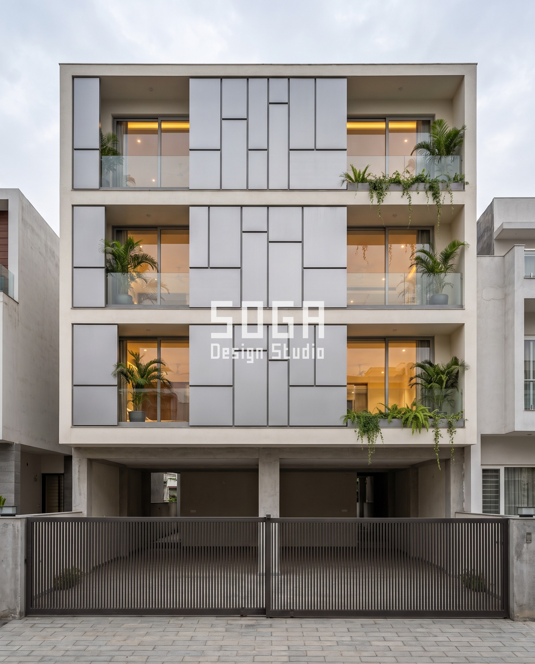 Exposed Fixings Elevation Design: Mumbai & India 2026 2 Parametric Block Gradient silver-grey facade, Mohali - SOGA Design Studio