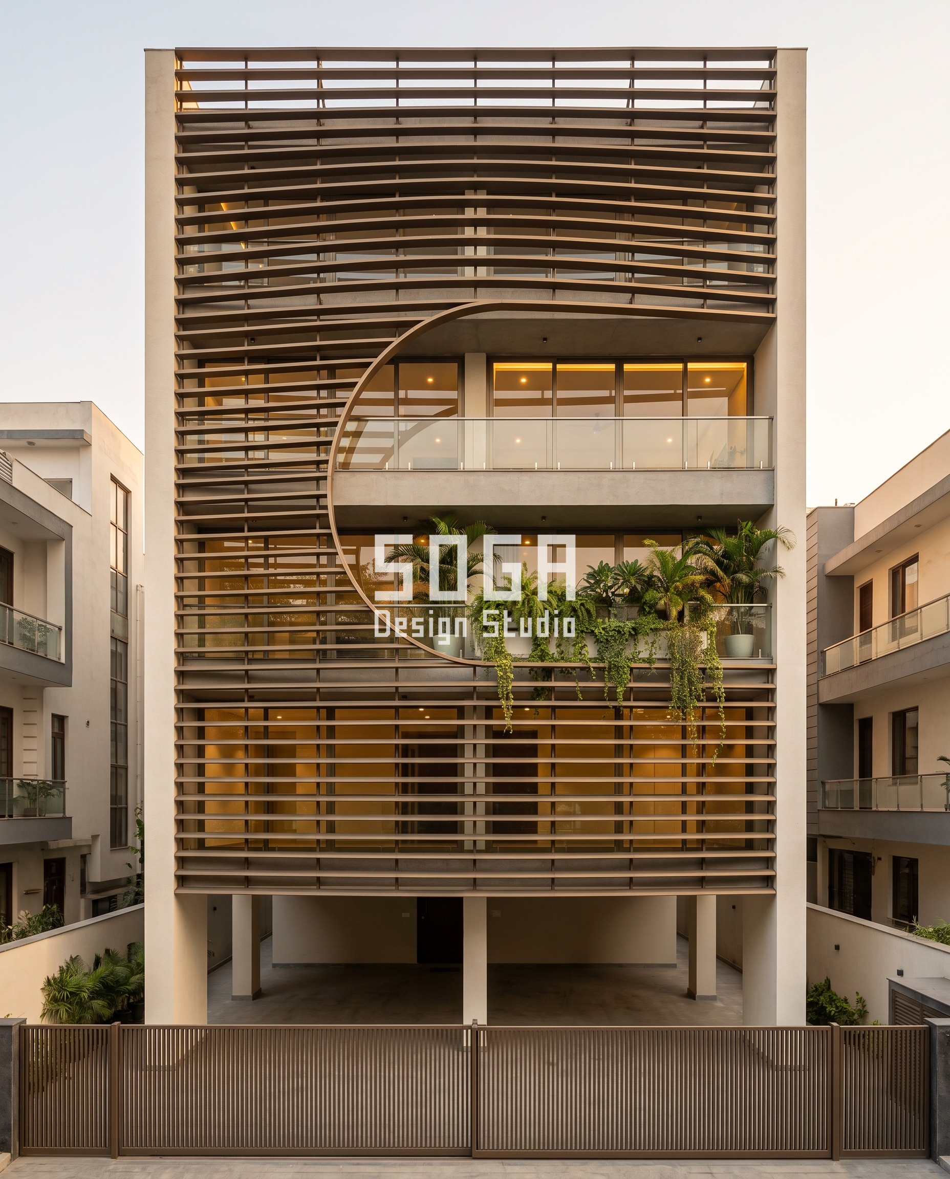 Exposed Fixings Elevation Design: Mumbai & India 2026 3 Parametric Bowed Louvre Veil bronze-tone facade, Greater Kailash, New Delhi - SOGA Design Studio