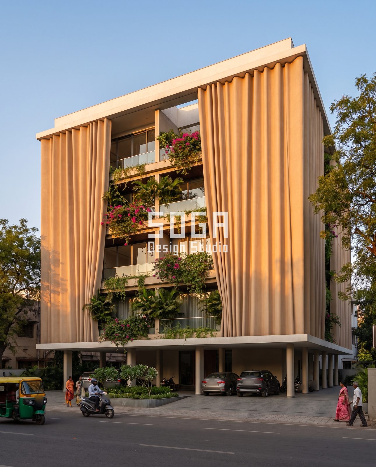 Curtain, Lit Bay, Diamond, Fin and Arch: 5 Elevation Ideas for Indian Homes 7 Sand and peach-beige India building with two pleated curtain-like fluted panels and terraces stepping between them