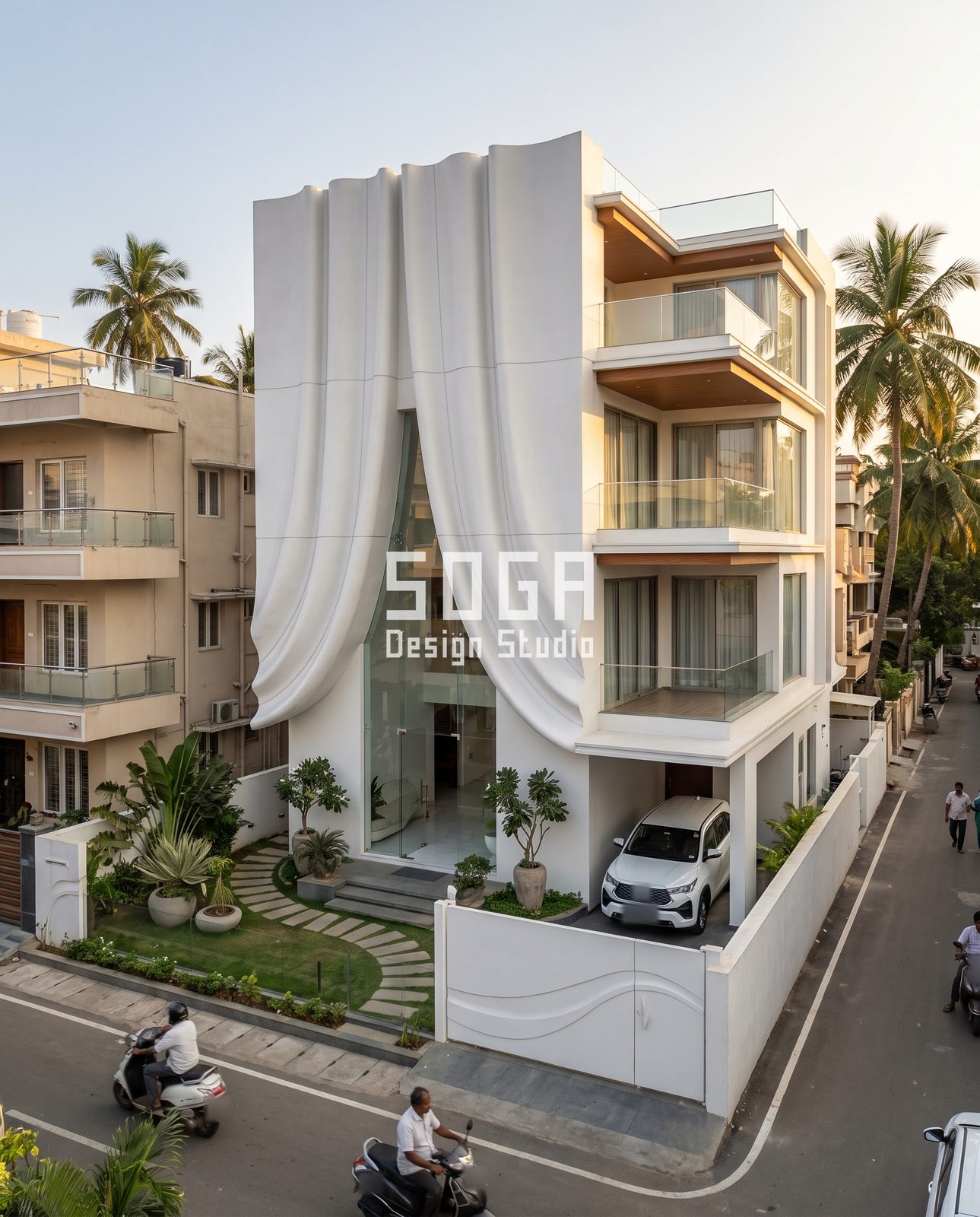 Arched, Draped, Curved and Tilted: 5 Balcony Facade Ideas for Indian Homes 2 Draped white facade India with two cascading billows on a G+3 house, timber soffits and glass balconies
