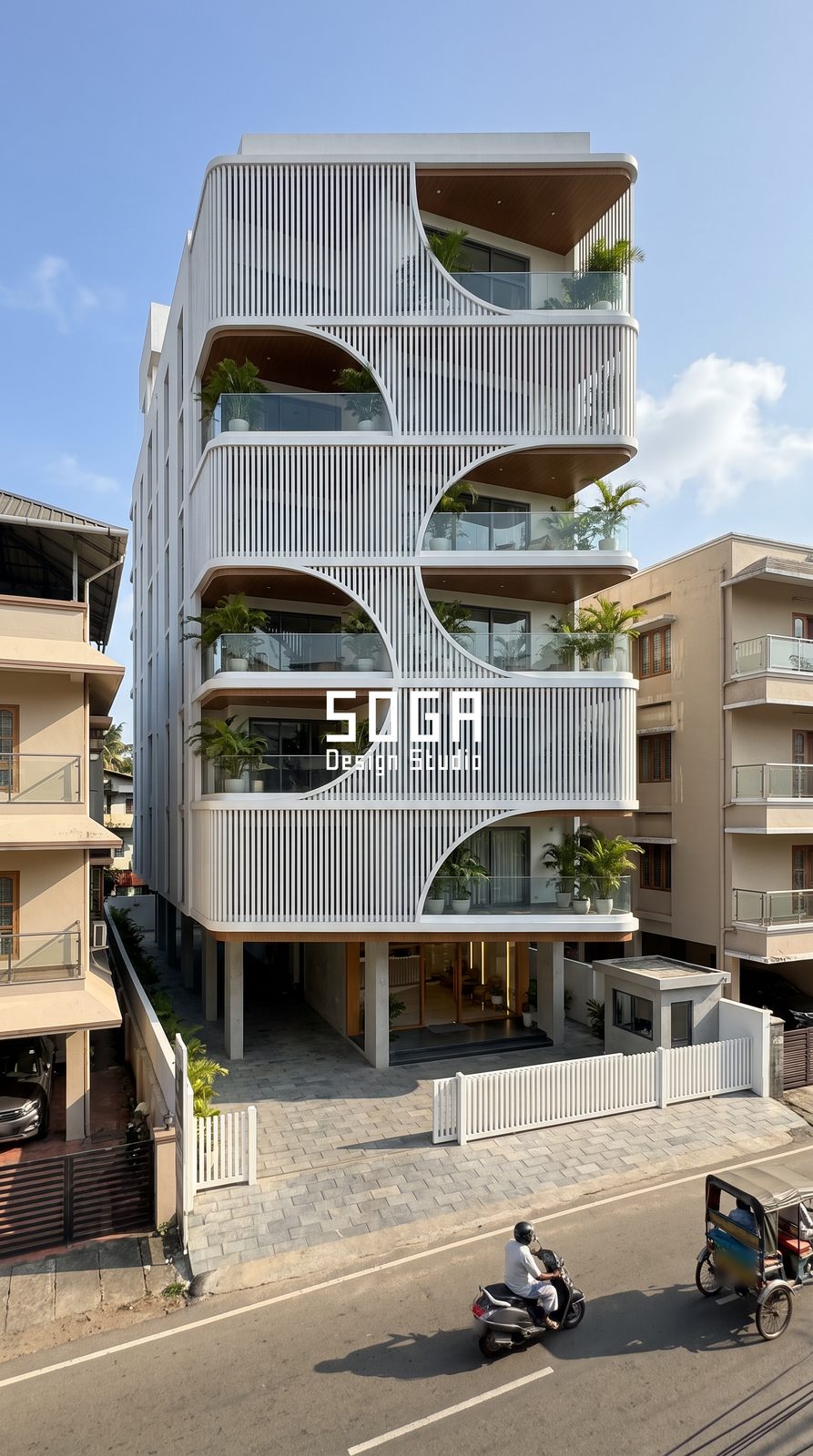 Facade Material Pros and Cons: 5 Systems, 5 Limits (2026) 5 Arched openings carved out of a field of straight white vertical fins on a G+5 residential building in India