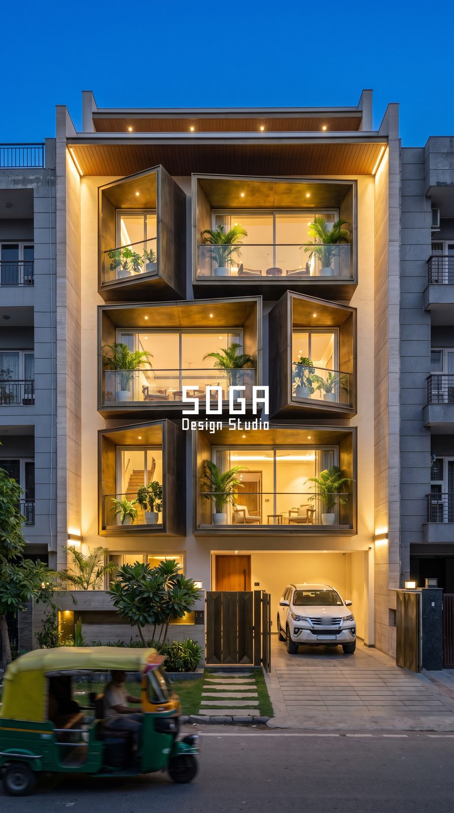 Facade Material Pros and Cons: 5 Systems, 5 Limits (2026) 1 Timber-lined angular bay window boxes on a G+4 Indian residence at dusk, facade material pros and cons by SOGA Design Studio