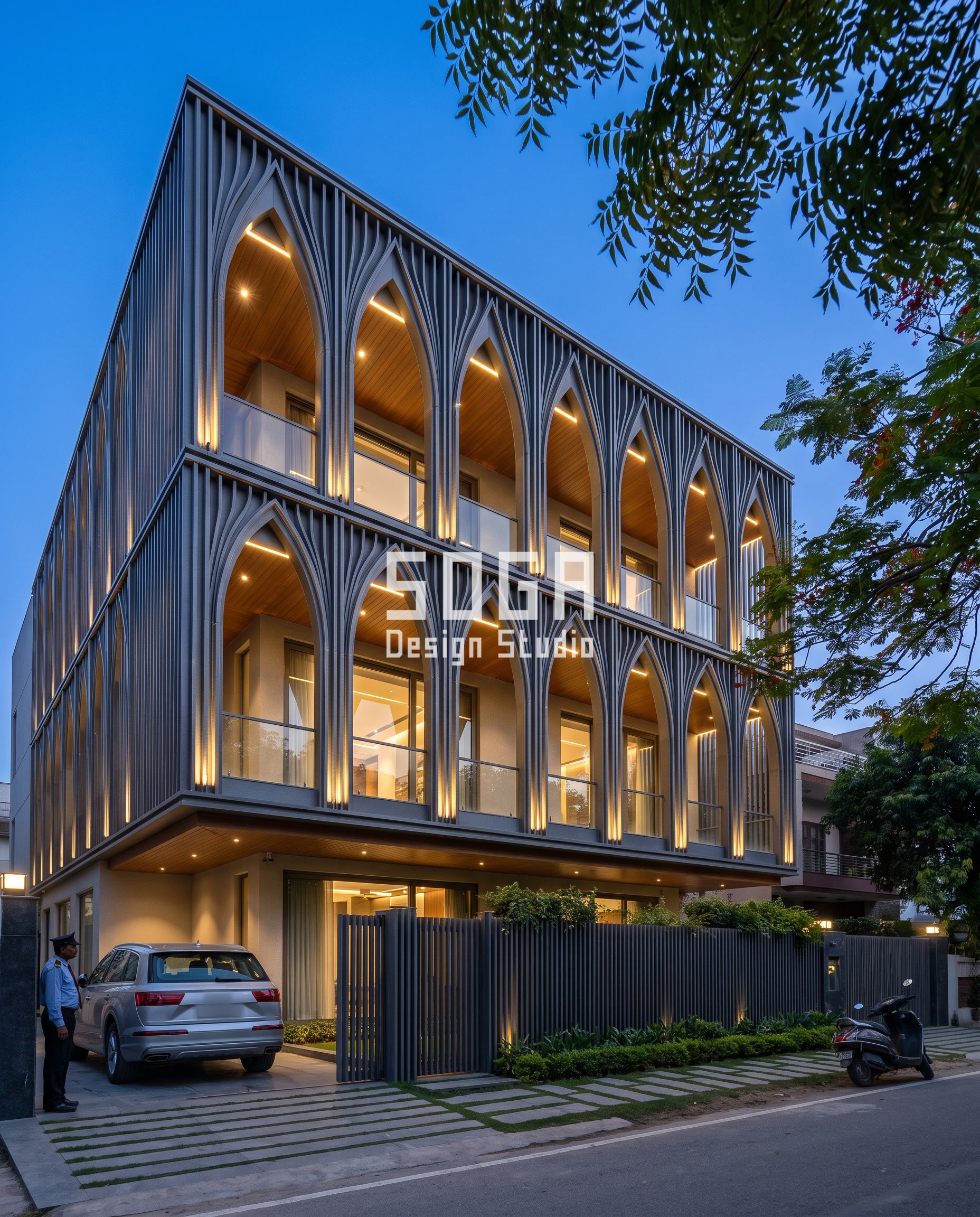Graphite anodised metal fin facade with lancet arch colonnade on a G+3 villa, Gurugram - SOGA Design Studio