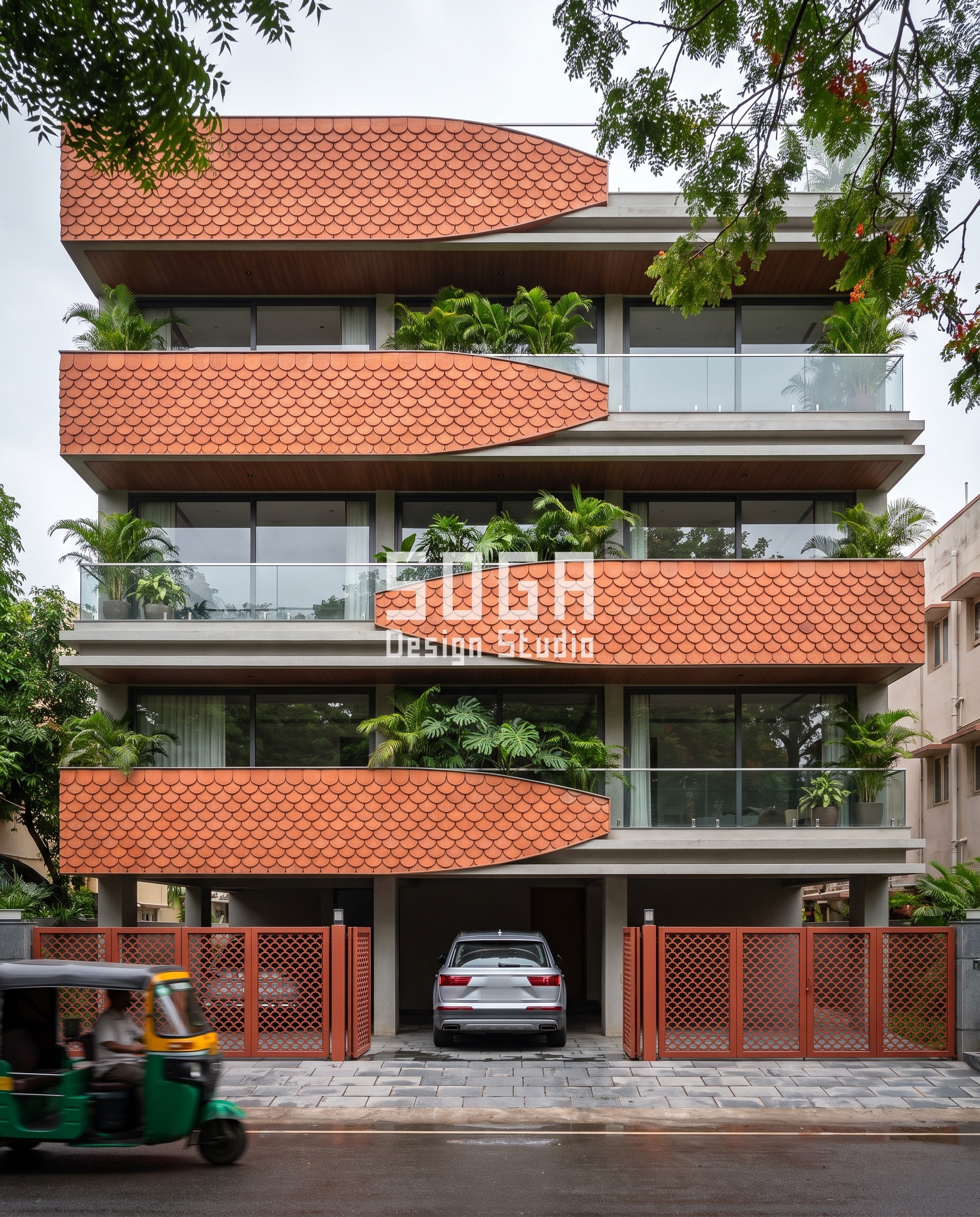 Fired terracotta shingle lens band facade on a G+4 builder floor residence, Chennai - SOGA Design Studio