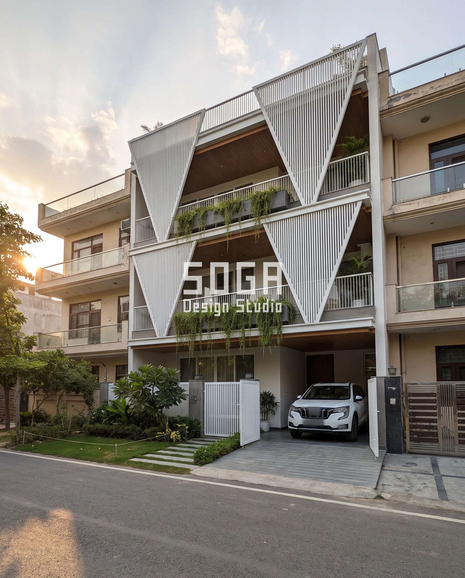 Satin-white GFRC tapered triangular screen facade on a G+2 villa, Noida - SOGA Design Studio