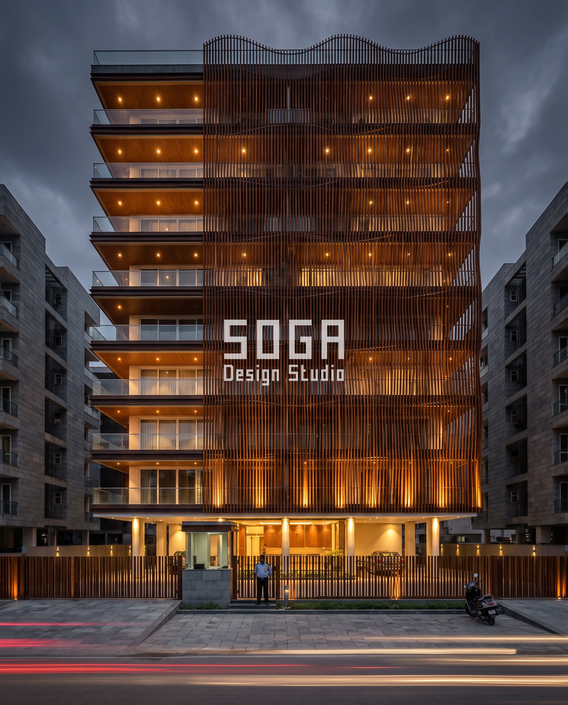 Weathering steel blade fin facade in a travelling sine wave on a G+9 apartment block, Lucknow - SOGA Design Studio